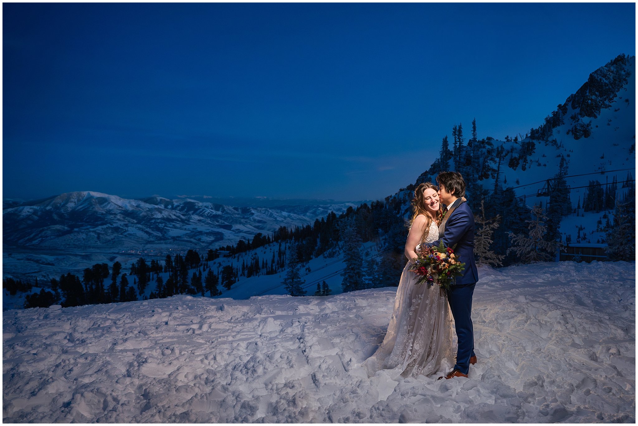 Bride and groom portraits during blue hour at the top of Snowbasin at Needles Lodge in the snow | Snowbasin Resort Winter Wedding | Jessie and Dallin Photography