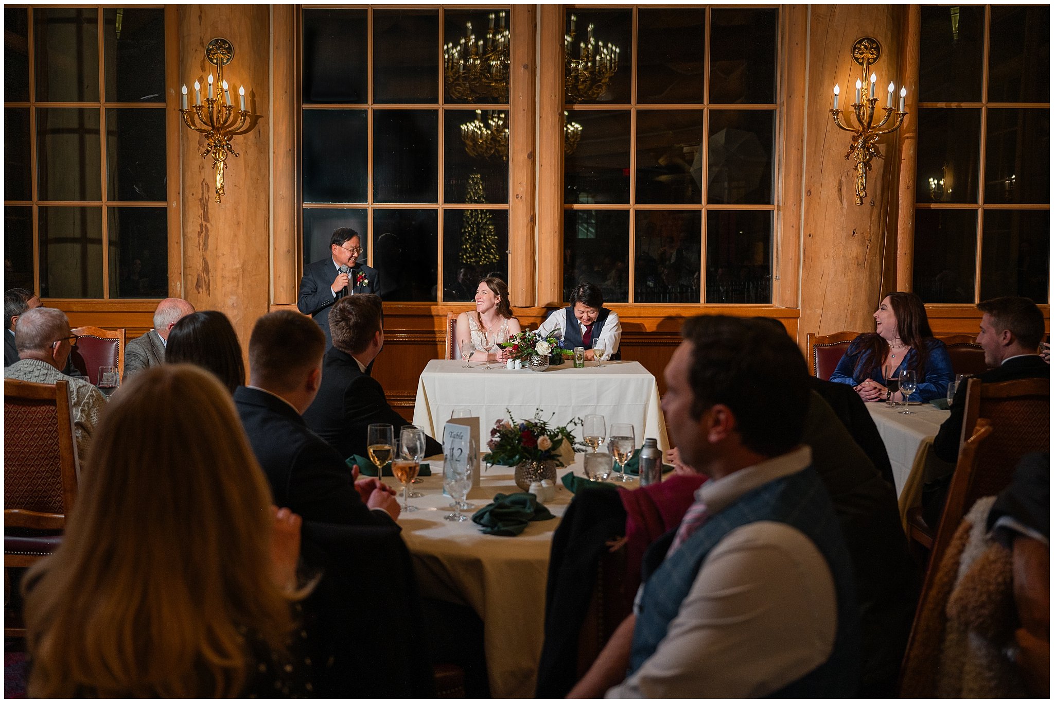 Toasts and dinner inside Earl's Lodge for a winter wedding | Snowbasin Resort Winter Wedding | Jessie and Dallin Photography