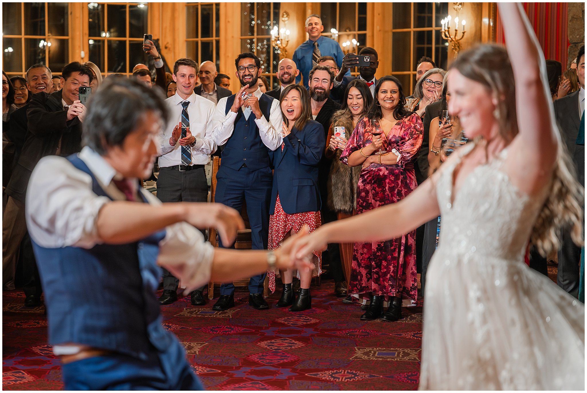 Dancing during reception inside Earl's Lodge for a winter wedding | Snowbasin Resort Winter Wedding | Jessie and Dallin Photography