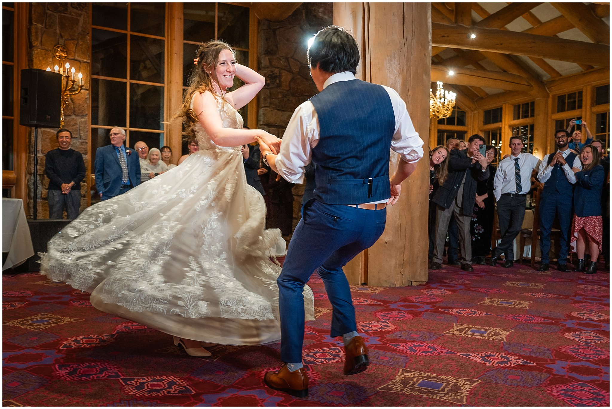 Dancing during reception inside Earl's Lodge for a winter wedding | Snowbasin Resort Winter Wedding | Jessie and Dallin Photography