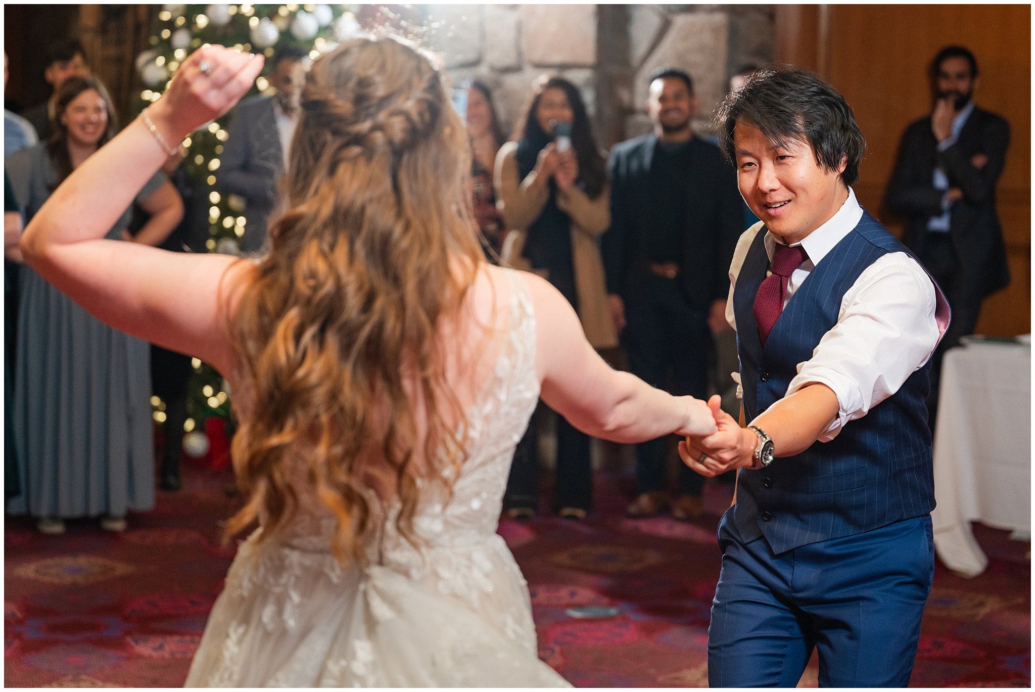 Dancing during reception inside Earl's Lodge for a winter wedding | Snowbasin Resort Winter Wedding | Jessie and Dallin Photography