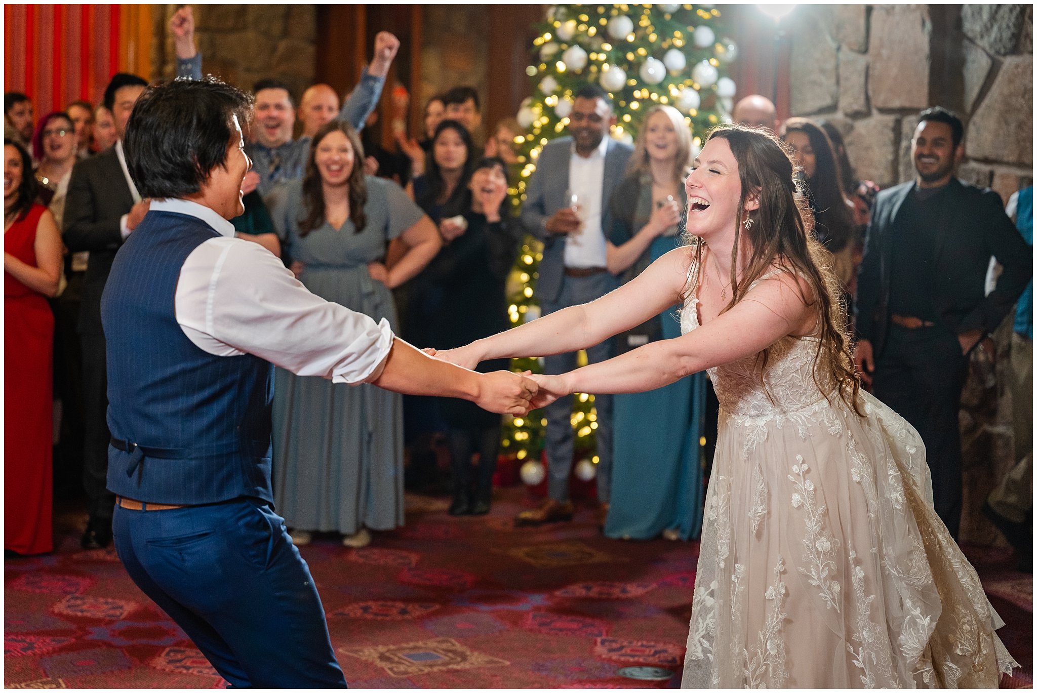 Dancing during reception inside Earl's Lodge for a winter wedding | Snowbasin Resort Winter Wedding | Jessie and Dallin Photography