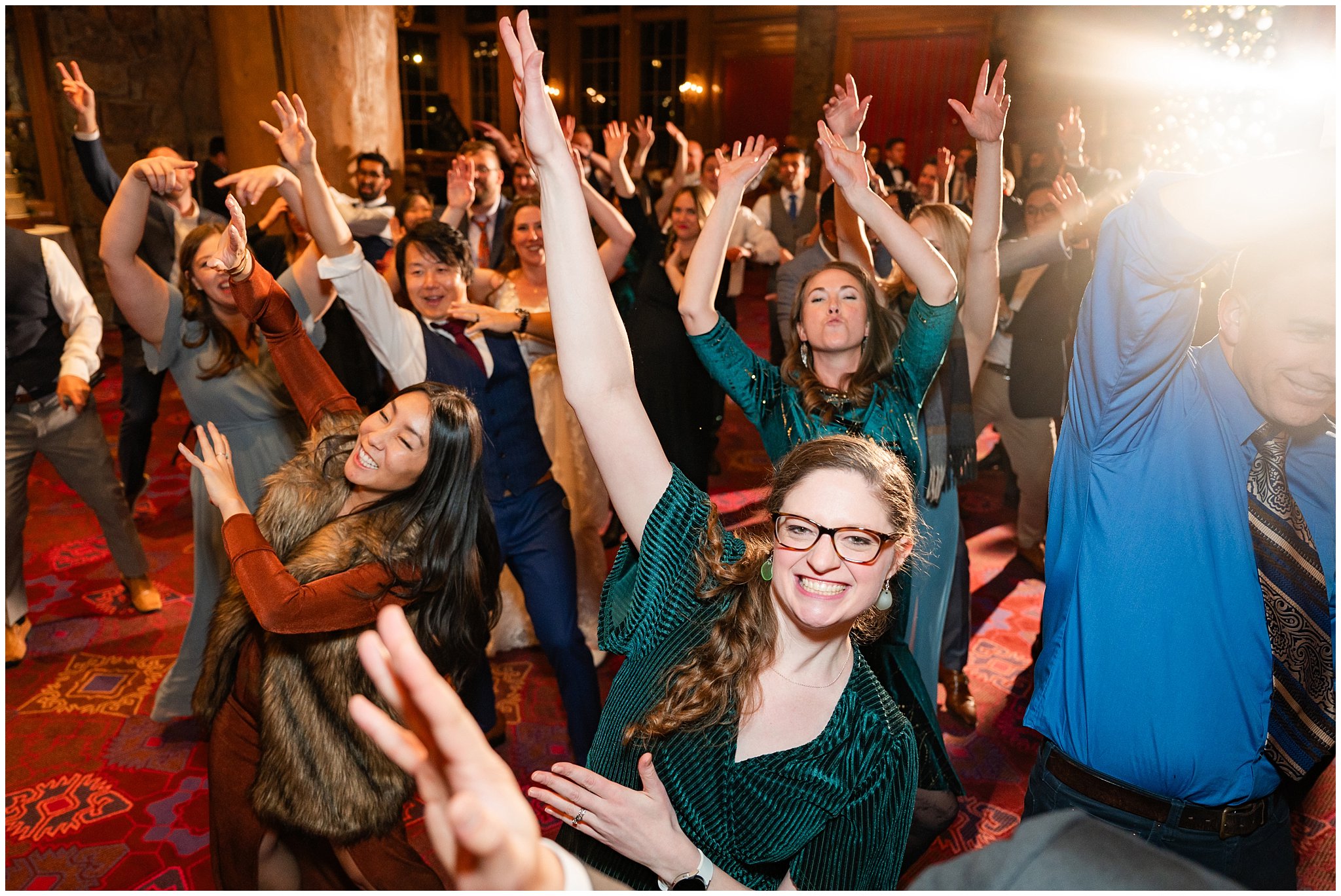 Dancing during reception inside Earl's Lodge for a winter wedding | Snowbasin Resort Winter Wedding | Jessie and Dallin Photography