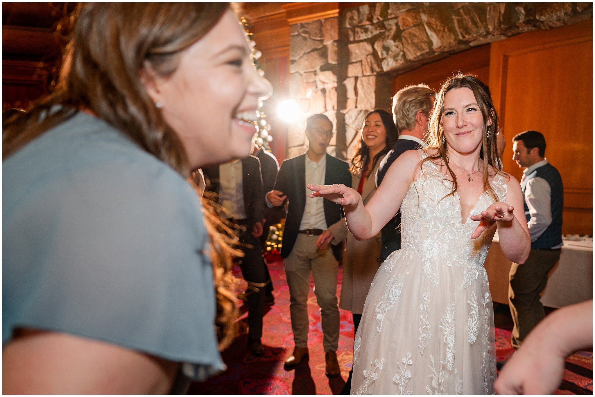 Dancing during reception inside Earl's Lodge for a winter wedding | Snowbasin Resort Winter Wedding | Jessie and Dallin Photography