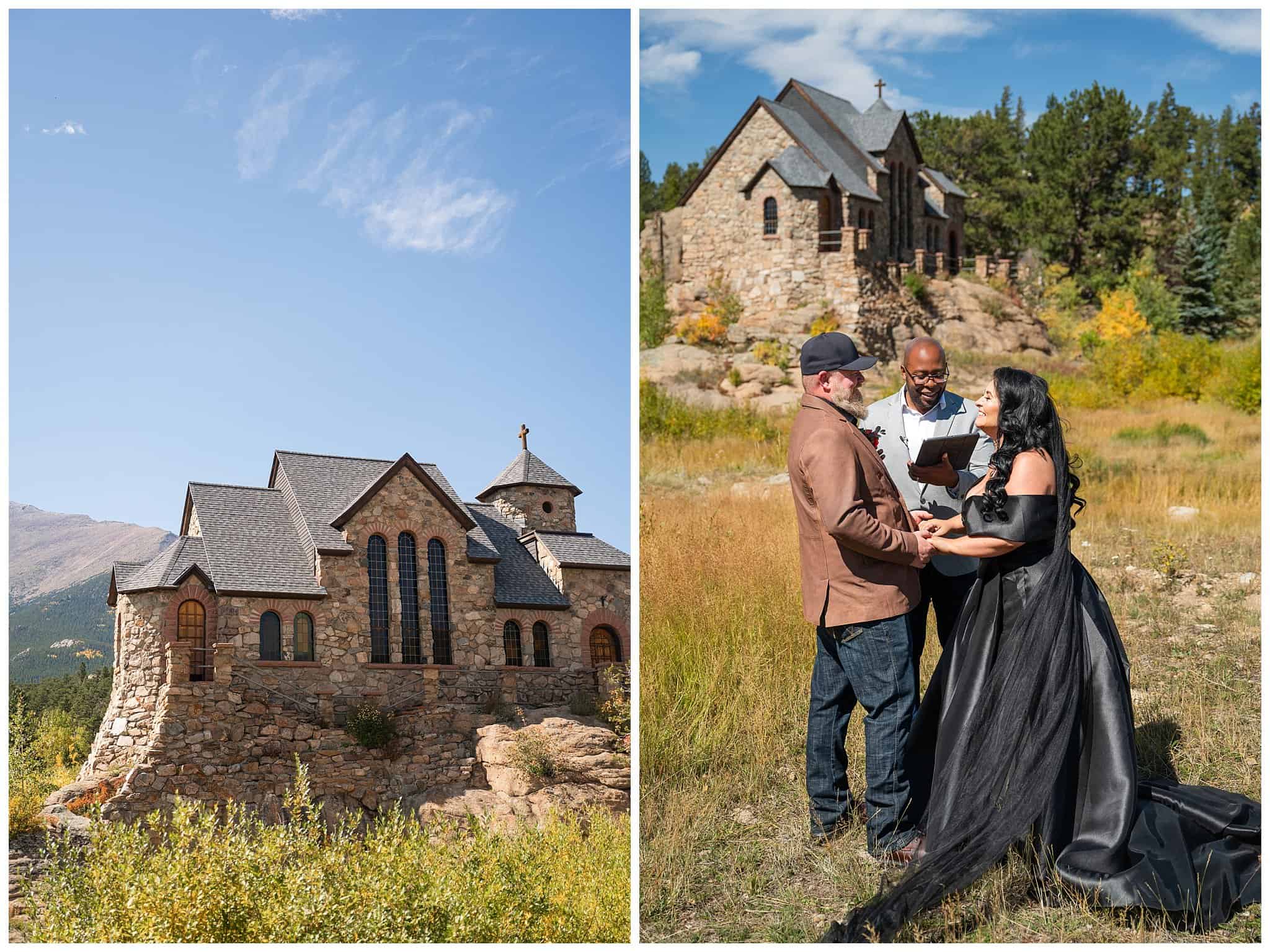 Elopement ceremony in the fall outside of the Church on the Rock at Estes Park | Fall Rocky Mountain National Park Elopement | Jessie and Dallin Photography