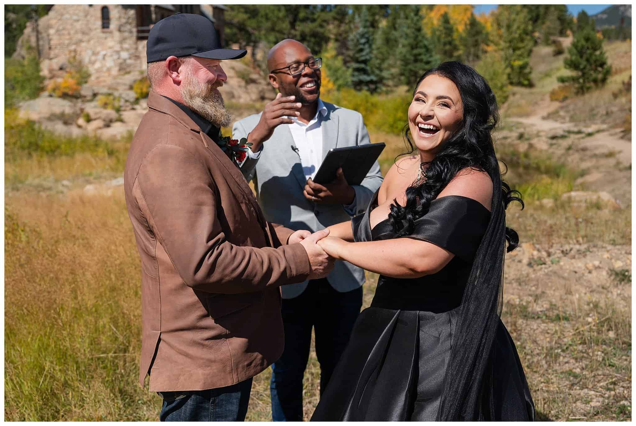 Elopement ceremony in the fall outside of the Church on the Rock at Estes Park | Fall Rocky Mountain National Park Elopement | Jessie and Dallin Photography