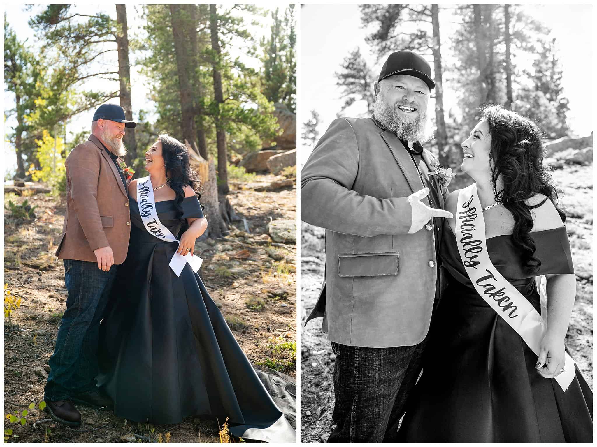 Bride in black wedding dress and veil and groom in leather brown jacket and hat share moments together outside of the Church on the Rock at Estes Park | Fall Rocky Mountain National Park Elopement | Jessie and Dallin Photography