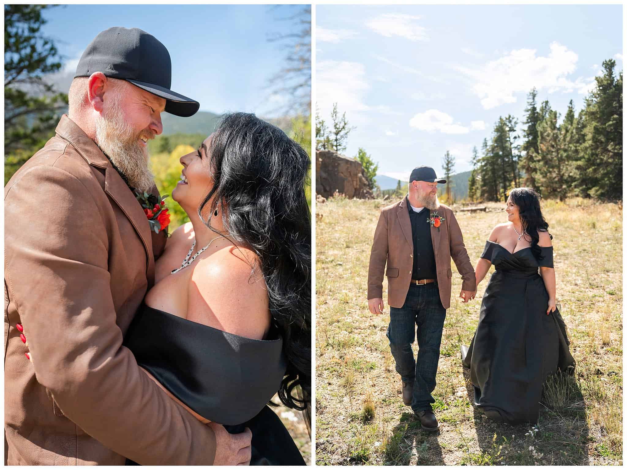 Bride in black wedding dress and veil and groom in leather brown jacket and hat share moments together outside of the Church on the Rock at Estes Park | Fall Rocky Mountain National Park Elopement | Jessie and Dallin Photography