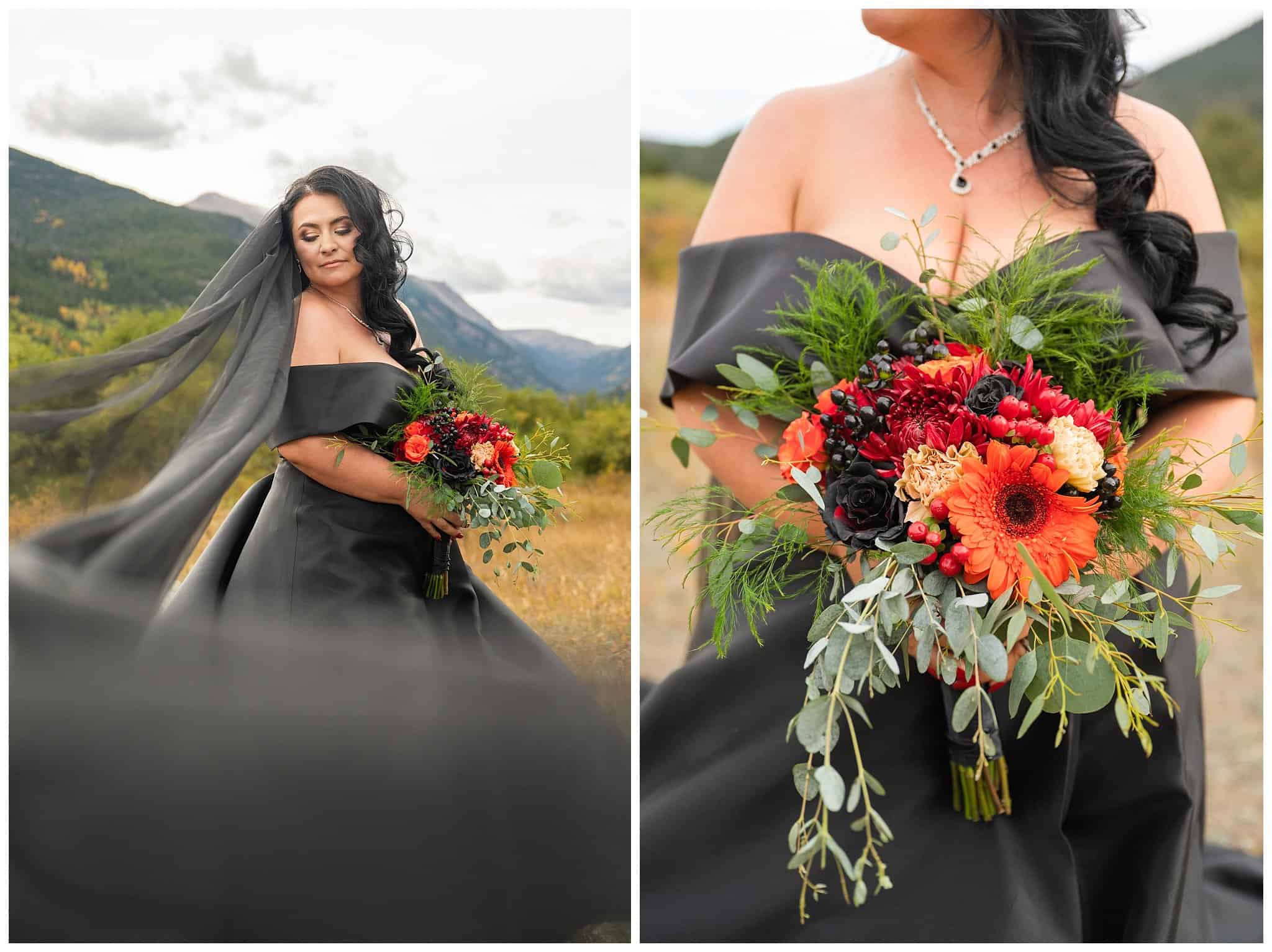 Bride in black dress with red and purple bouquet at Rocky National Park | Fall Rocky Mountain National Park Elopement | Jessie and Dallin Photography