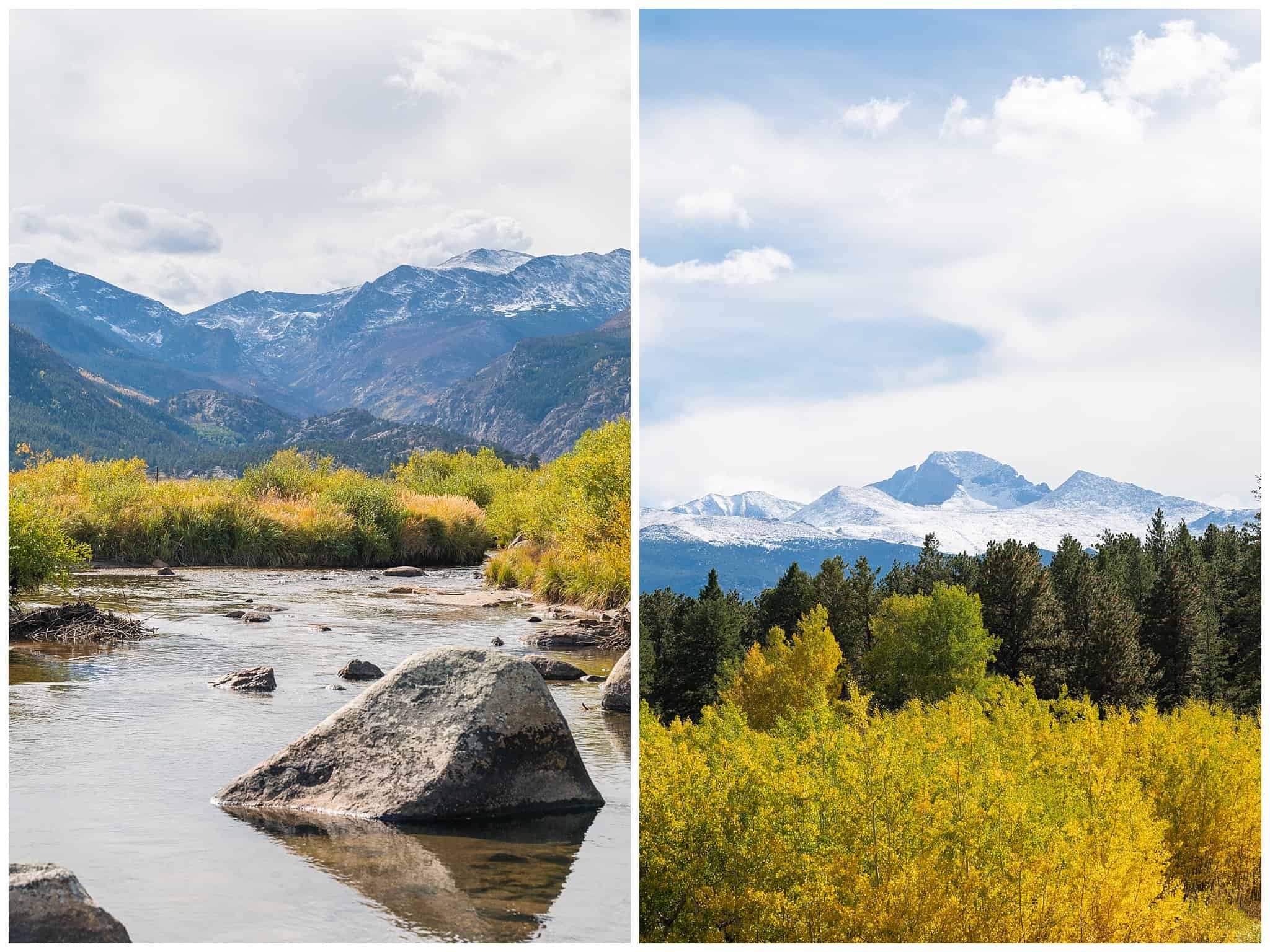 River and landscape of mountains at National Park sign | Fall Rocky Mountain National Park Elopement | Jessie and Dallin Photography