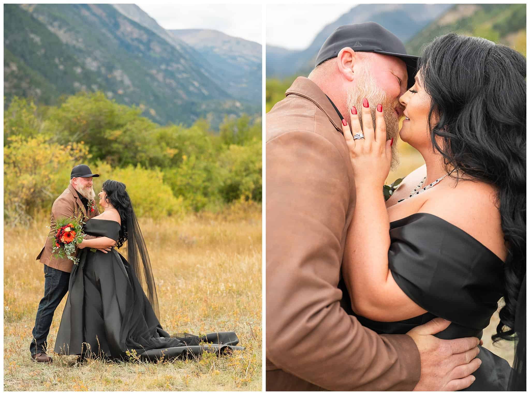 Bride in black dress and groom in brown leather jacket sharing moments surrounded by golden Aspen trees at Rocky National Park | Fall Rocky Mountain National Park Elopement | Jessie and Dallin Photography