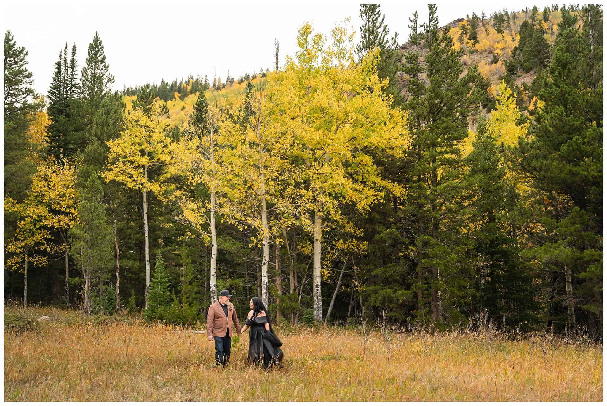 Bride in black dress and groom in brown leather jacket sharing moments surrounded by golden Aspen trees at Rocky National Park | Fall Rocky Mountain National Park Elopement | Jessie and Dallin Photography