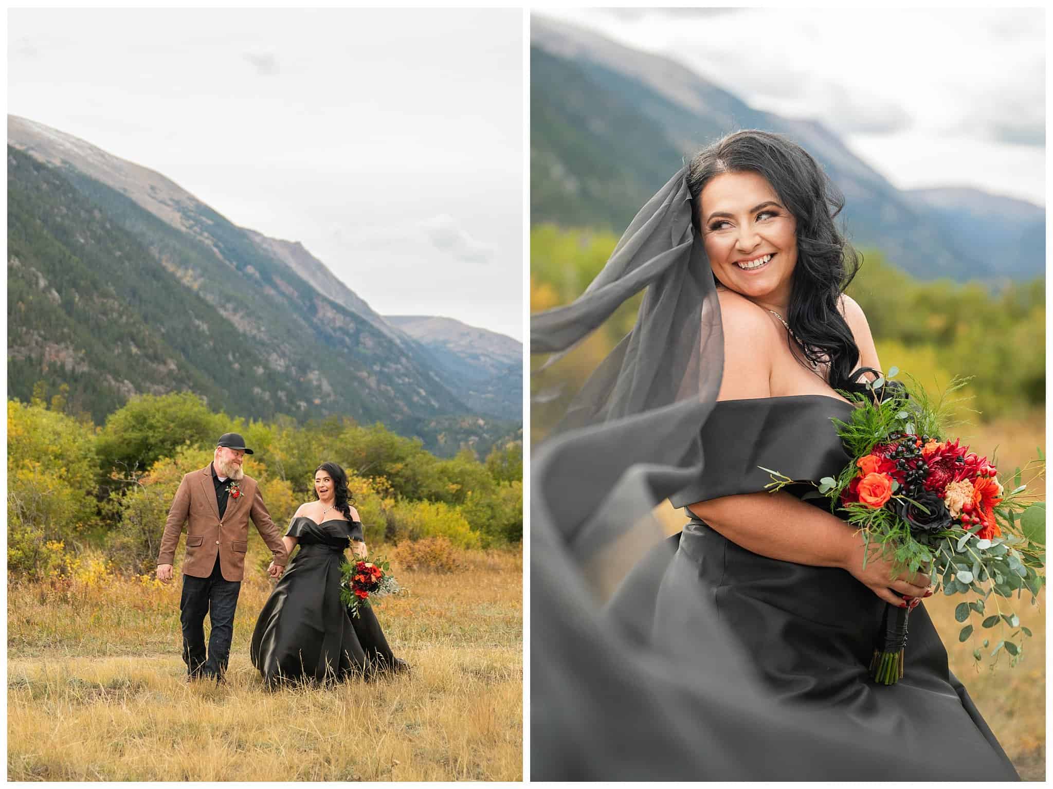 Bride in black dress and groom in brown leather jacket sharing moments at Rocky National Park | Fall Rocky Mountain National Park Elopement | Jessie and Dallin Photography