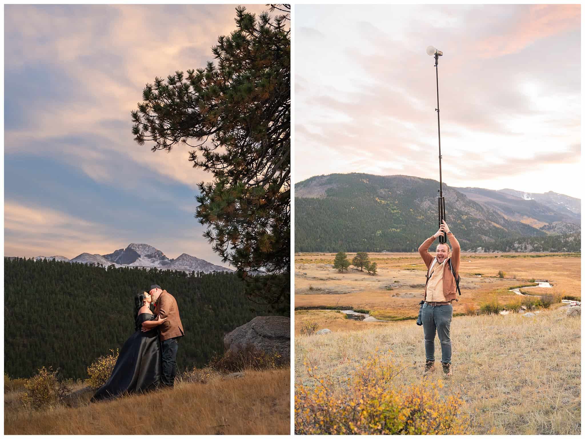 Bride in black dress and groom in brown leather jacket sharing moments with an incredible sunset at Rocky National Park | Fall Rocky Mountain National Park Elopement | Jessie and Dallin Photography