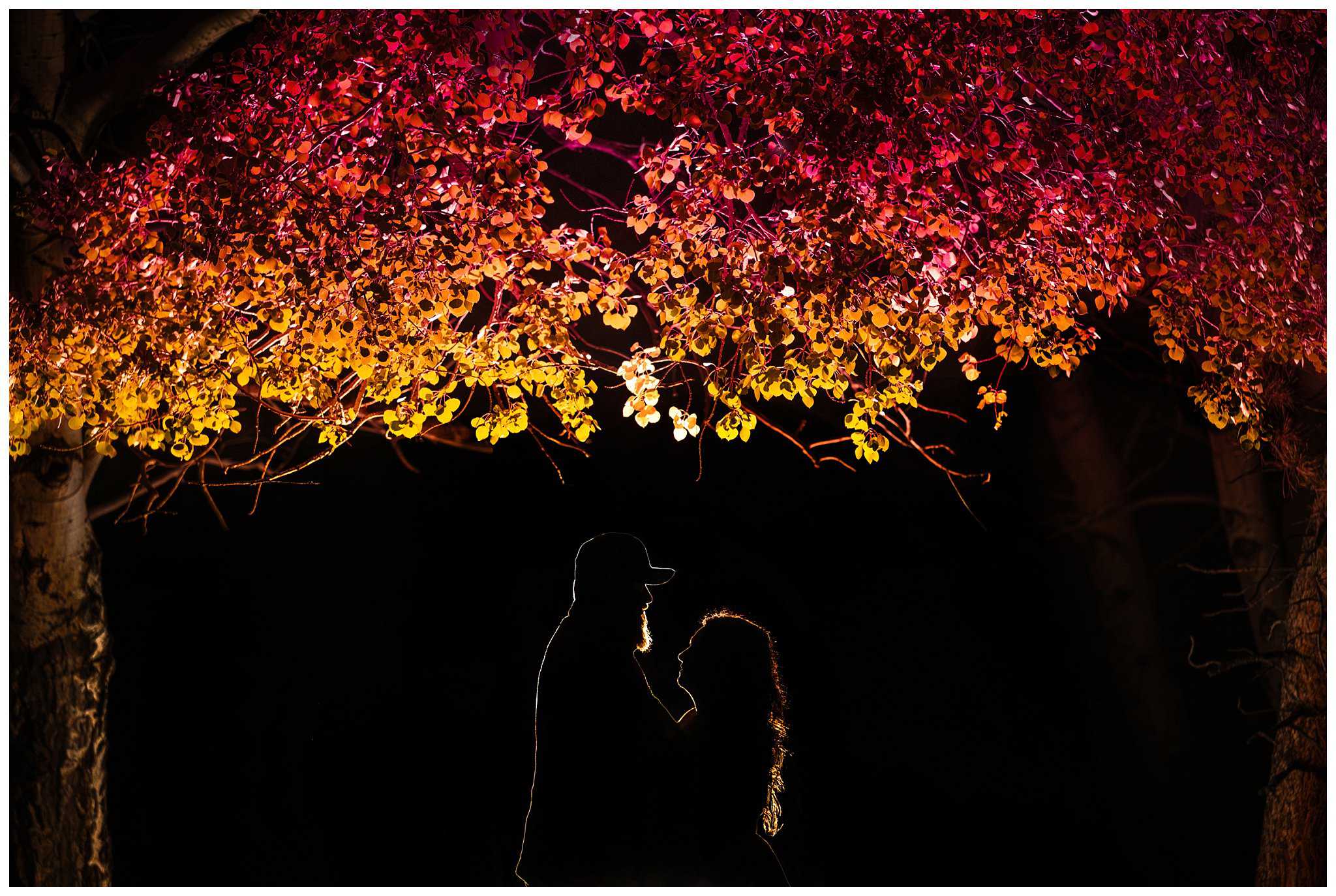 Bride and groom off creative photo with red and yellow aspen leaves on the trees | Rocky National Park | Fall Rocky Mountain National Park Elopement | Jessie and Dallin Photography