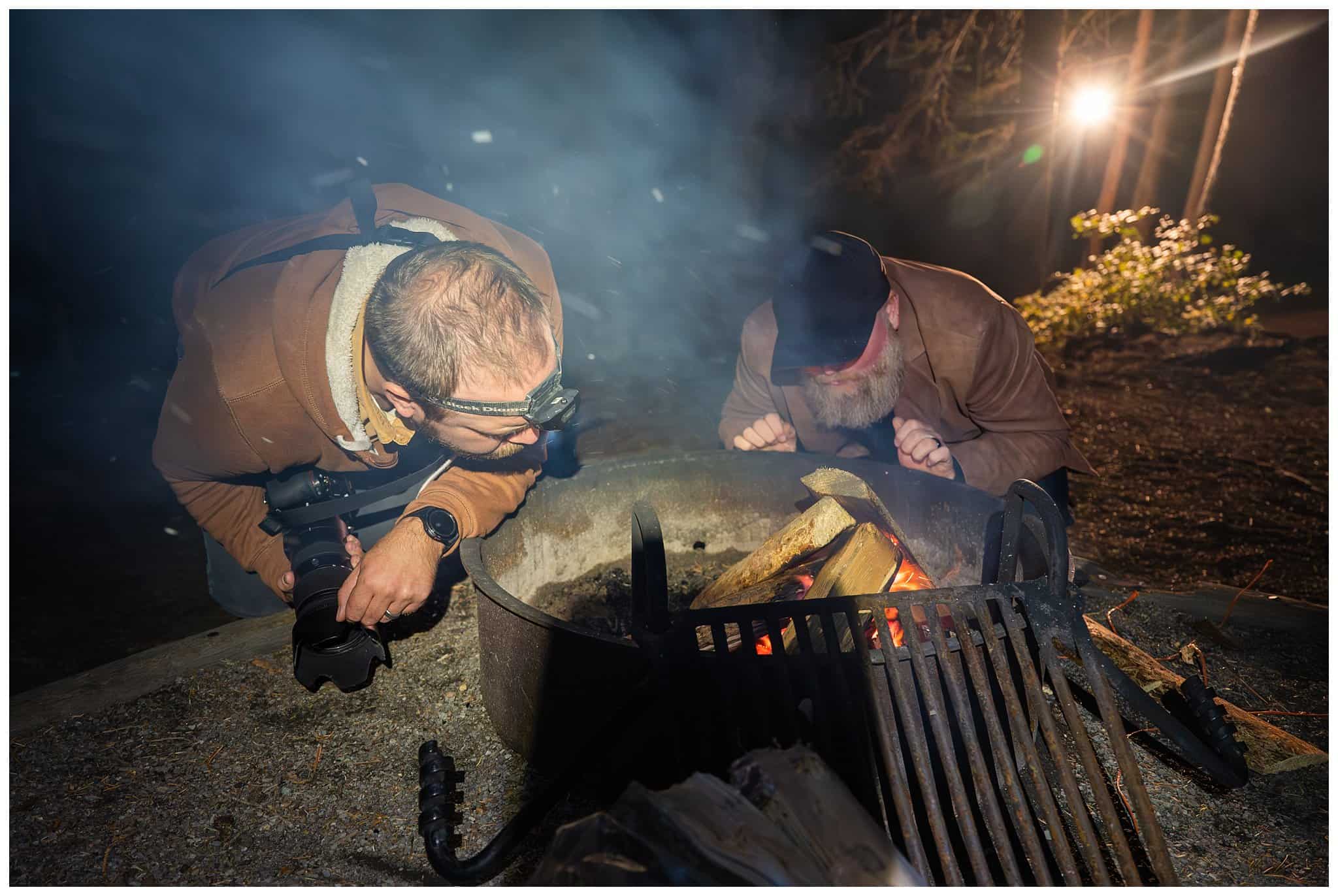 Starting a fire at a campground at Rocky National Park | Fall Rocky Mountain National Park Elopement | Jessie and Dallin Photography