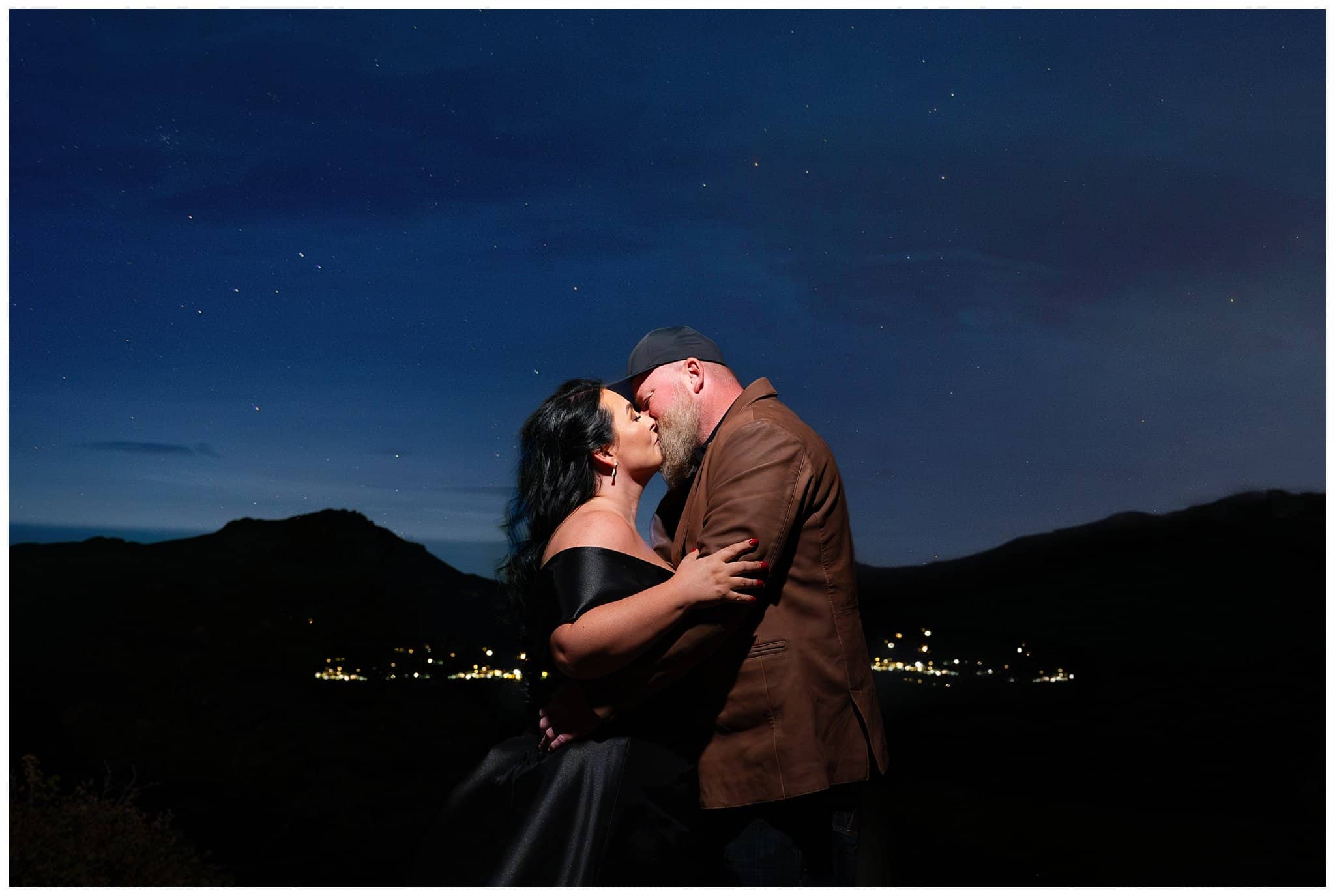 Bride and groom with blue hour sky above Estes Park at night | Fall Rocky Mountain National Park Elopement | Jessie and Dallin Photography