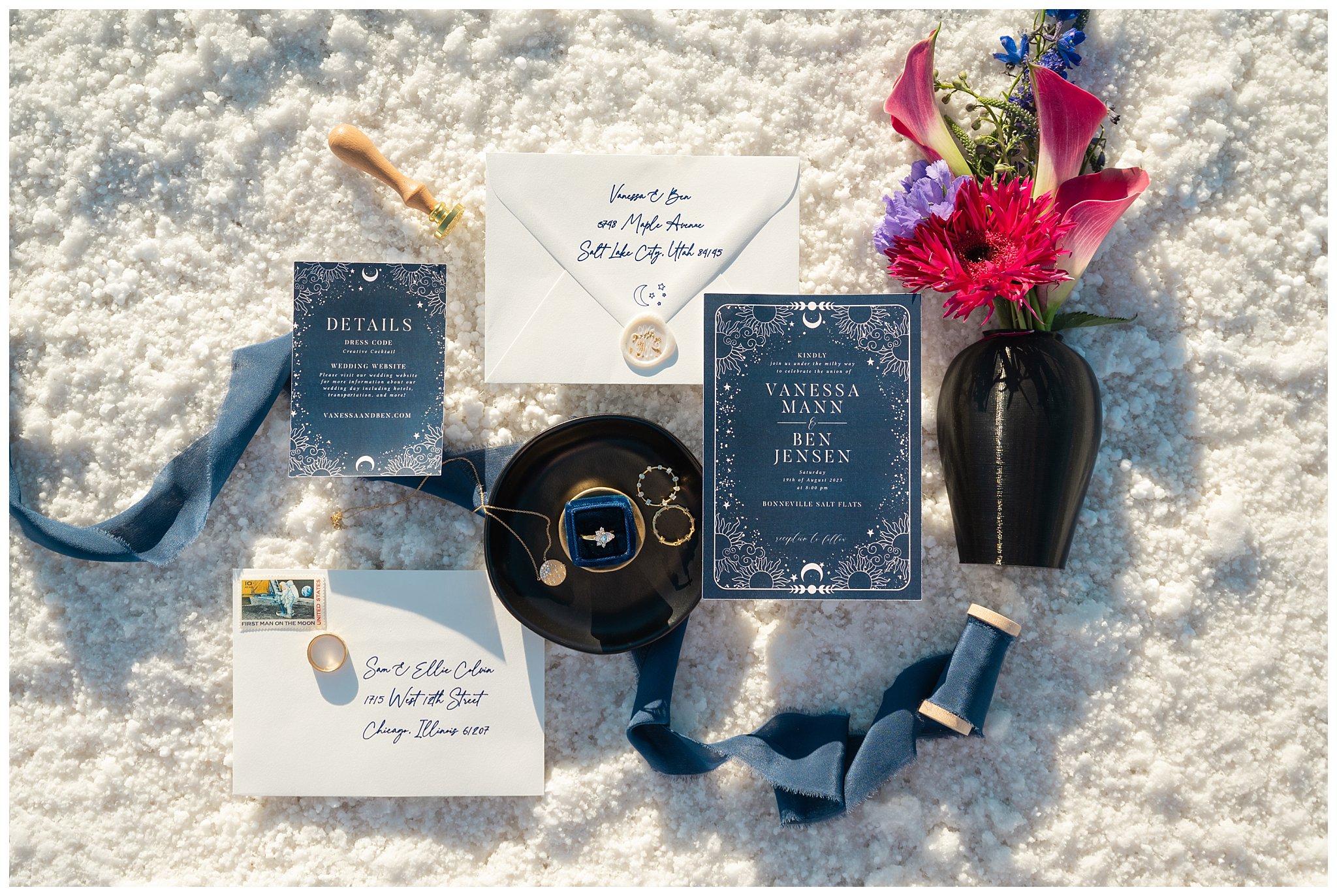 Celestial and night sky inspired wedding elopement details at the Bonneville Salt Flats | Jessie and Dallin Photography