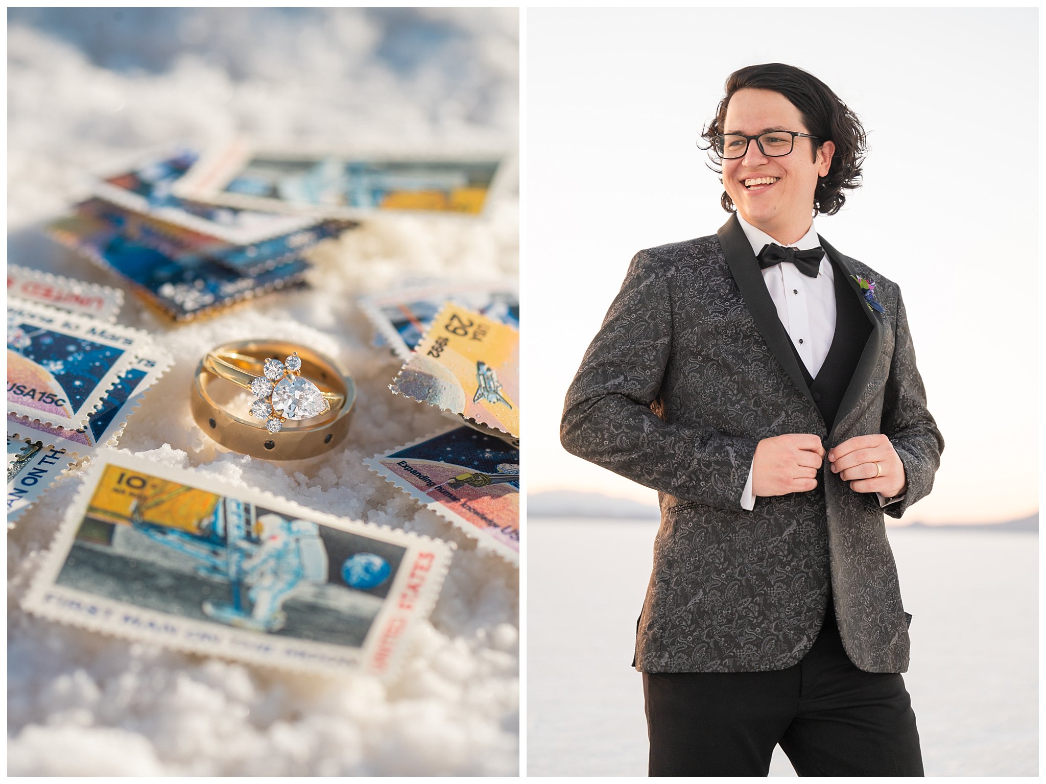 Celestial and night sky inspired wedding elopement details at the Bonneville Salt Flats, and groom in silver suit | Jessie and Dallin Photography