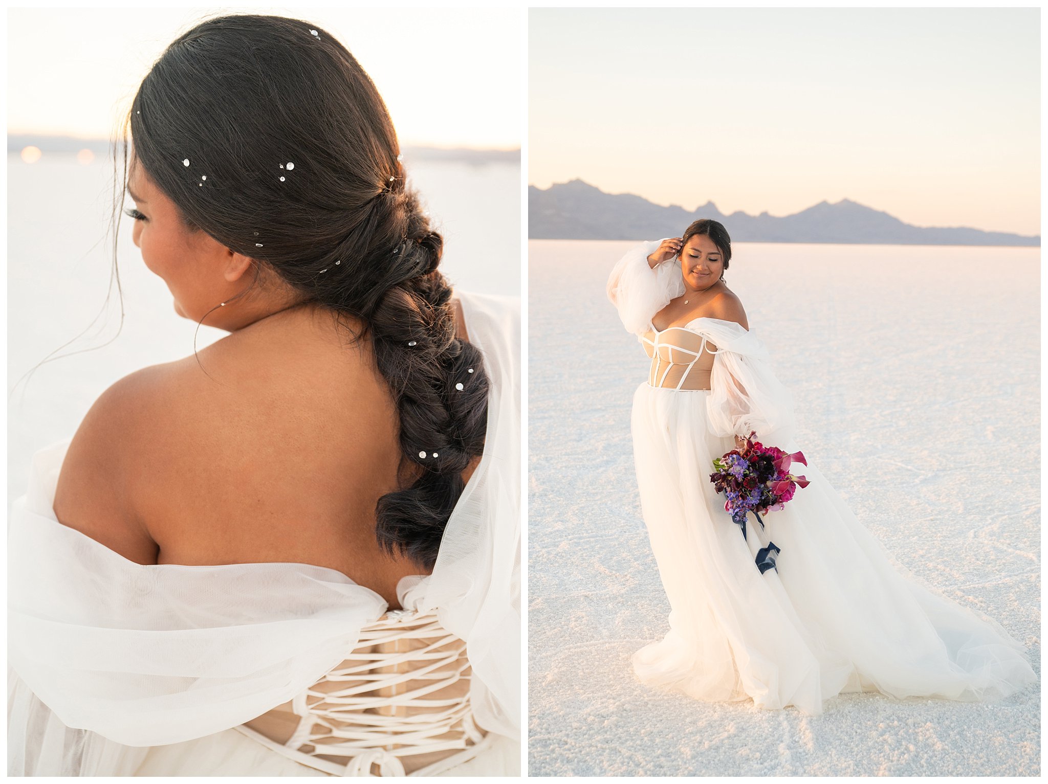 Bride in flowing dress at the Bonneville Salt Flats | Jessie and Dallin Photography