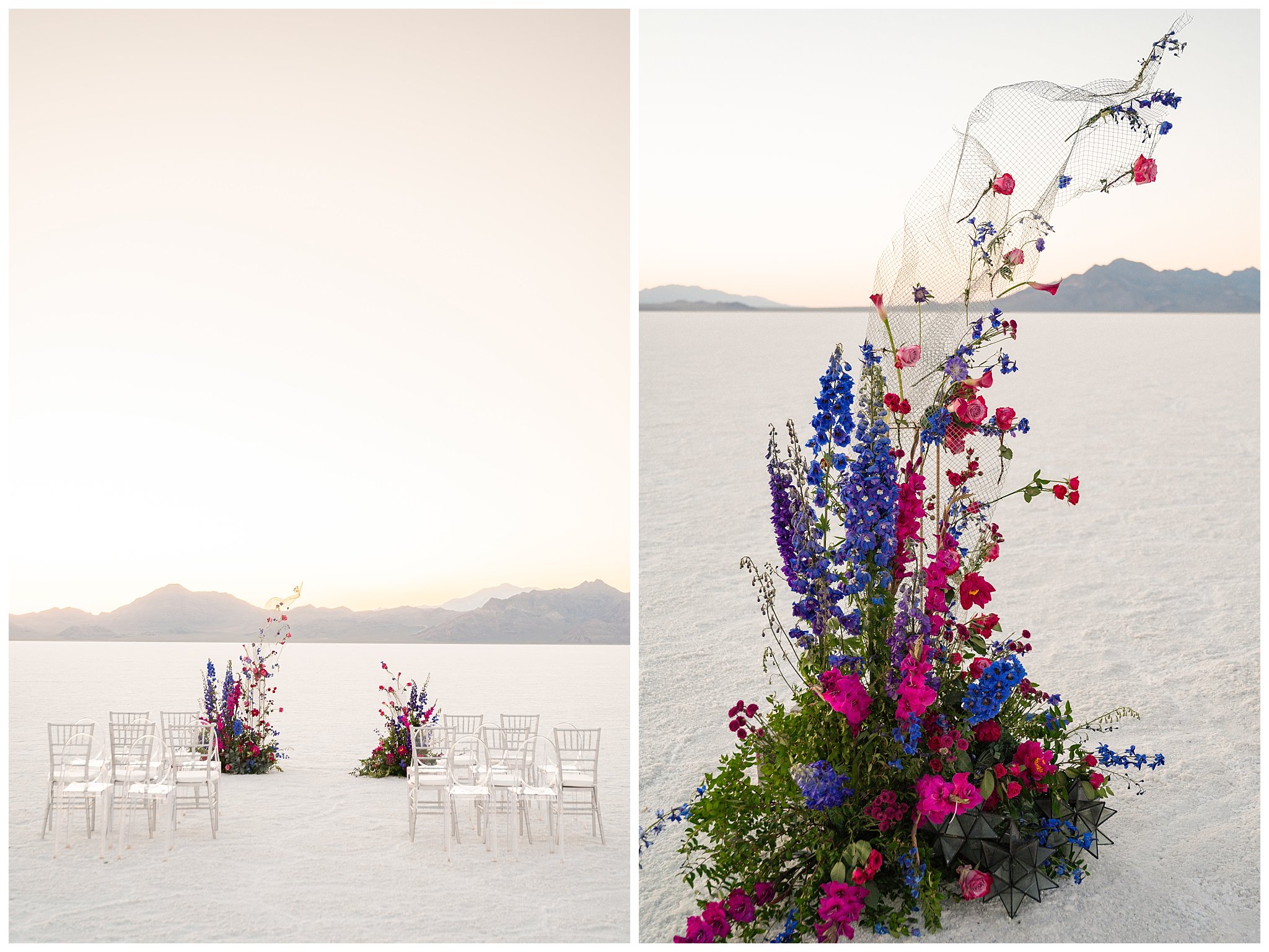 Vibrant florals at the ceremony site with ghost chairs for elopement details at the Bonneville Salt Flats | Jessie and Dallin Photography