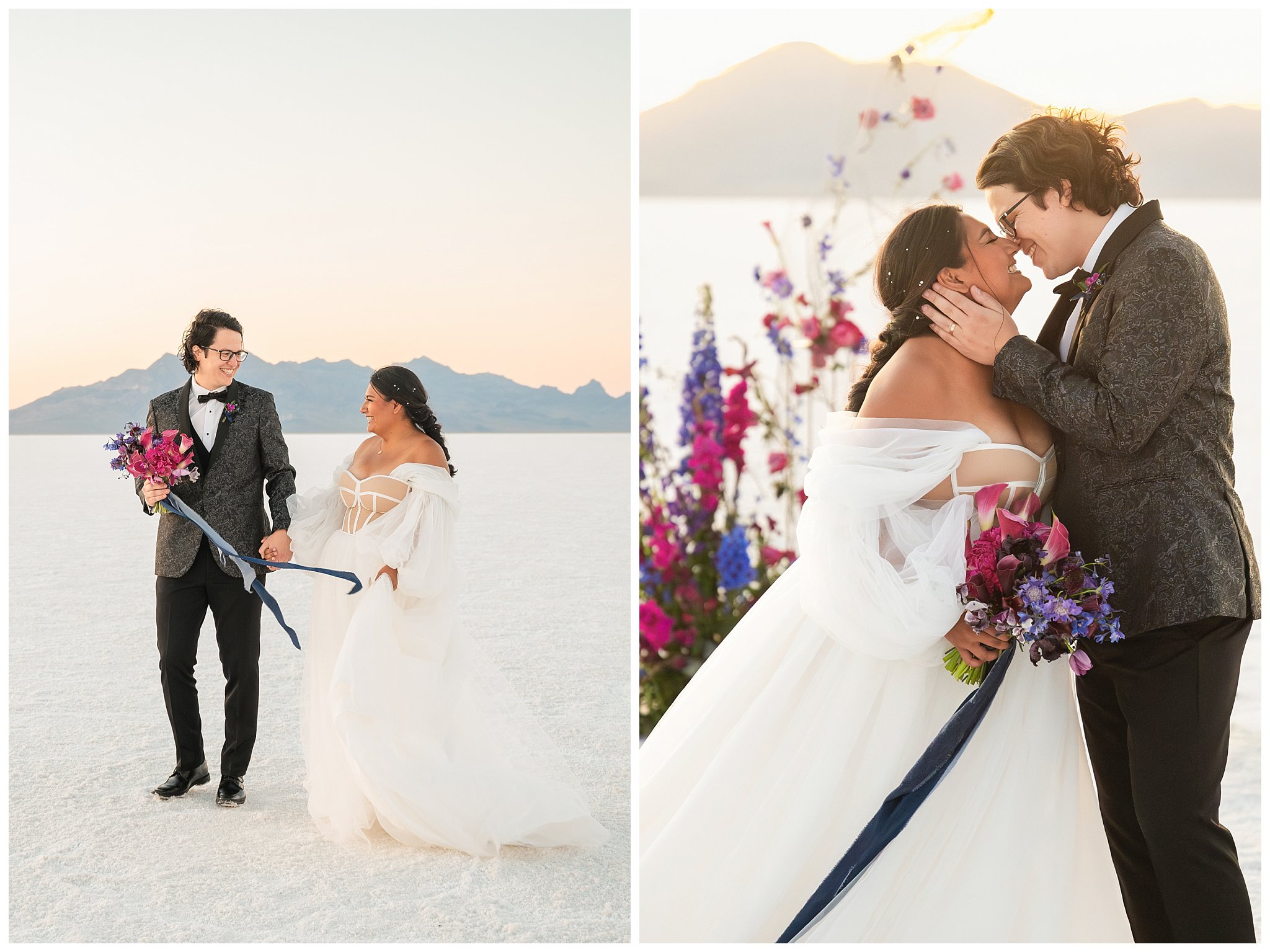 Bride and groom share moments together during ceremony with vibrant florals at the ceremony site with ghost chairs for elopement details at the Bonneville Salt Flats | Jessie and Dallin Photography