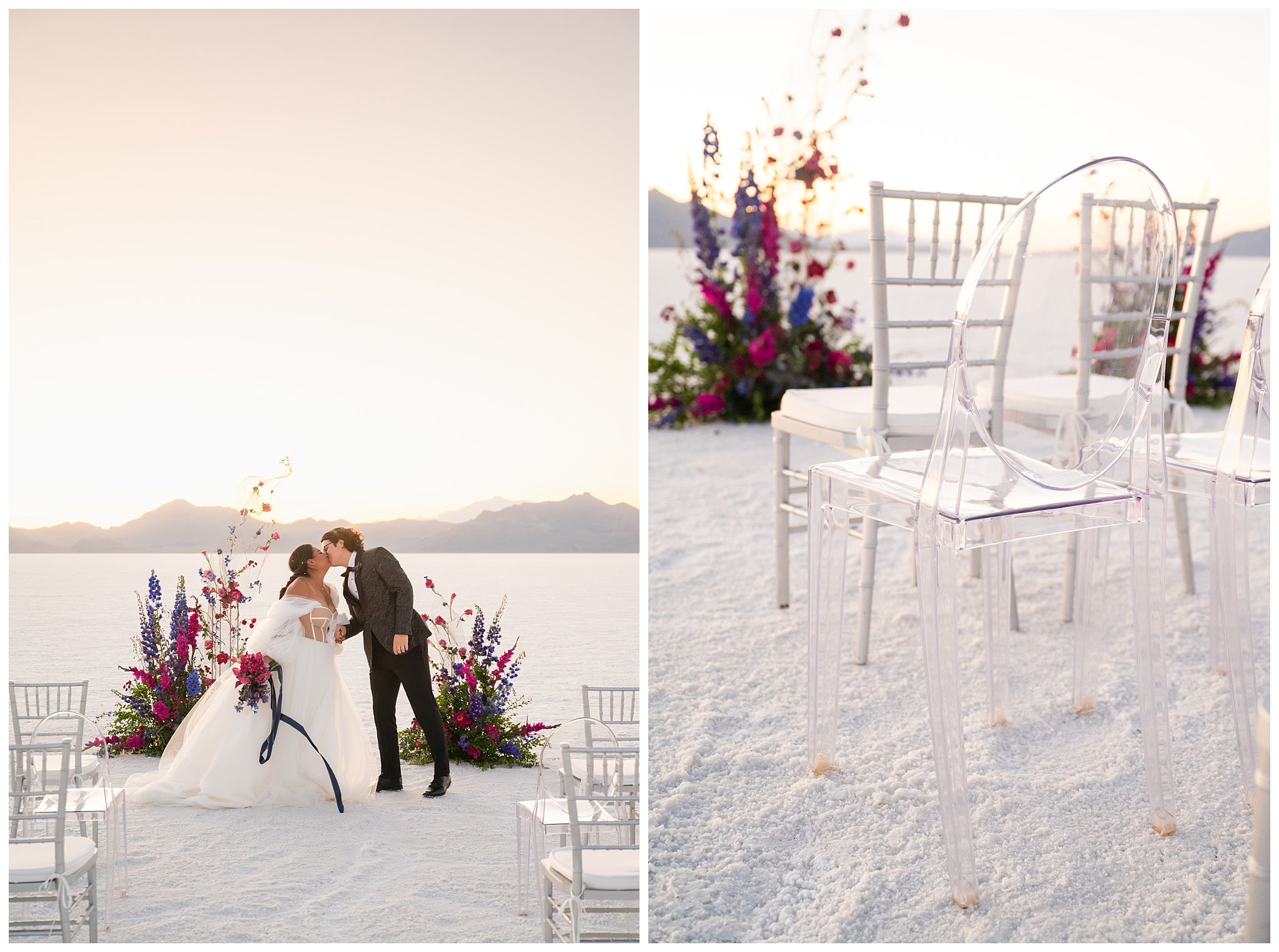 Bride and groom share moments together during ceremony with vibrant florals at the ceremony site with ghost chairs for elopement details at the Bonneville Salt Flats | Jessie and Dallin Photography