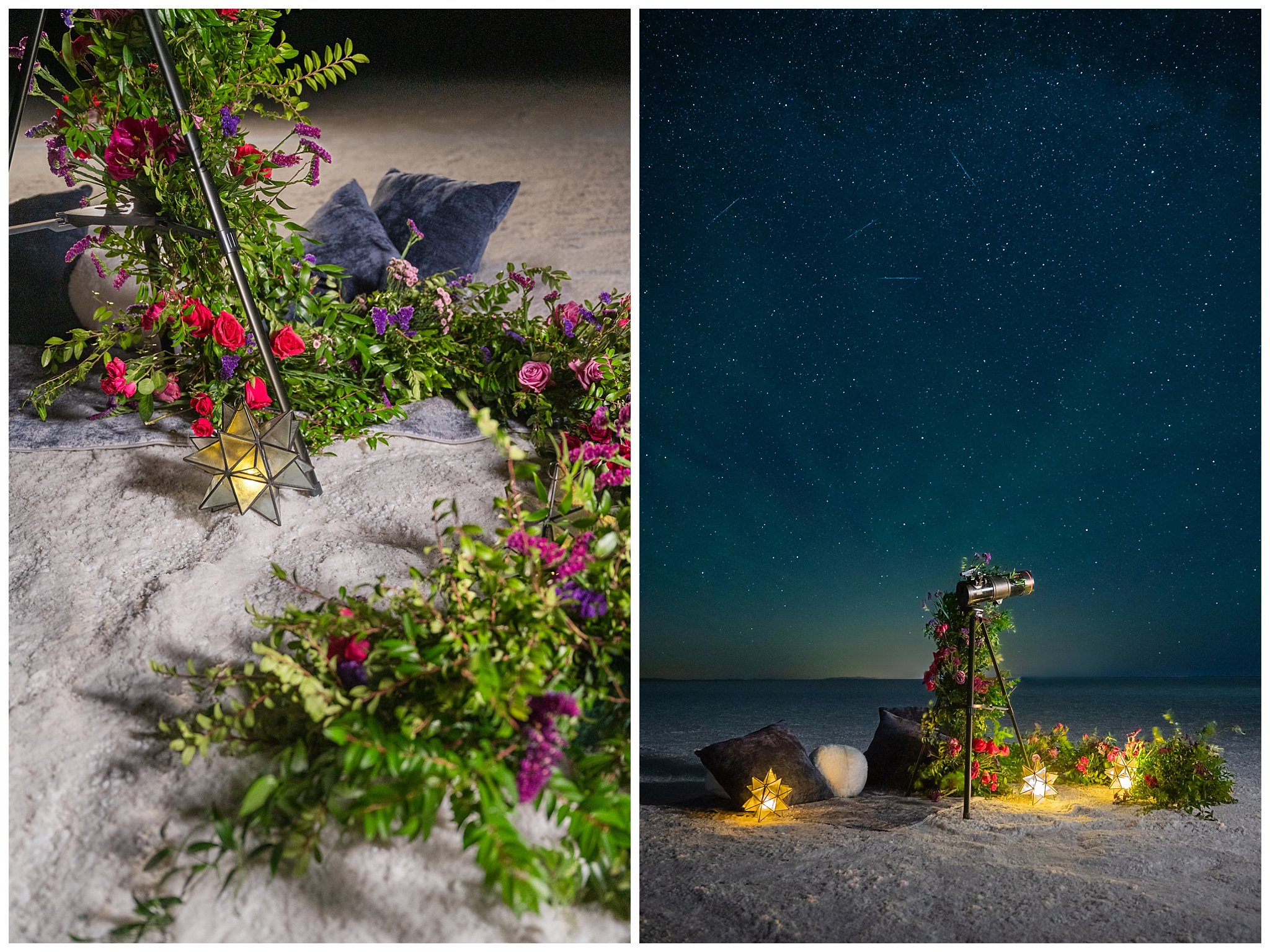 Telescope and florals on pillows under the stars at the Bonneville Salt Flats during inspiration elopement | Jessie and Dallin Photography