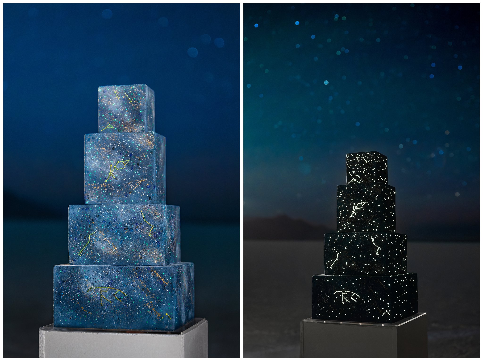 Four-tier constellation cake that glows in the dark at the Bonneville Salt Flats during inspiration elopement | Jessie and Dallin Photography