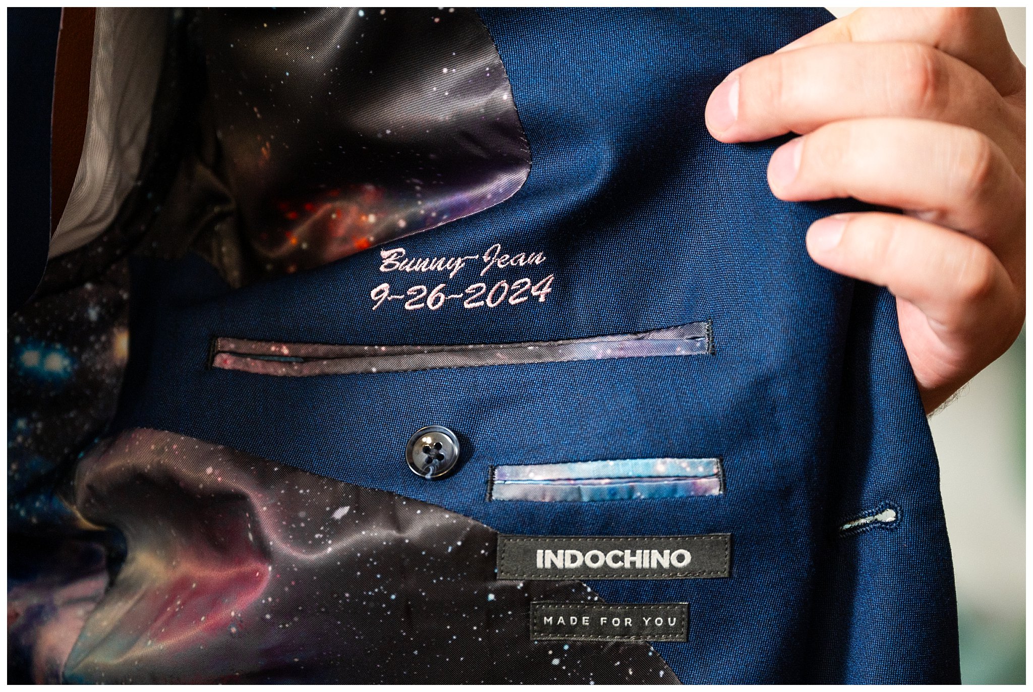 Cosmic star theme inside of custom blue suit for groom | Star Wars Themed Wedding at Oak Hills Utah | Jessie and Dallin Photography