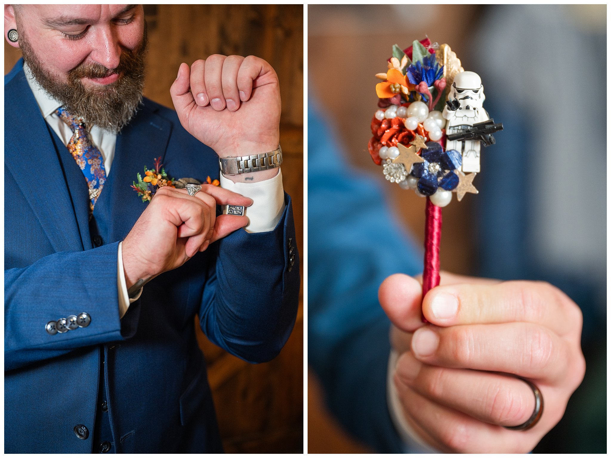 Groom showing off Star Wars details and cufflinks. Lego Star Wars boutonniere. | Star Wars Themed Wedding at Oak Hills Utah | Jessie and Dallin Photography