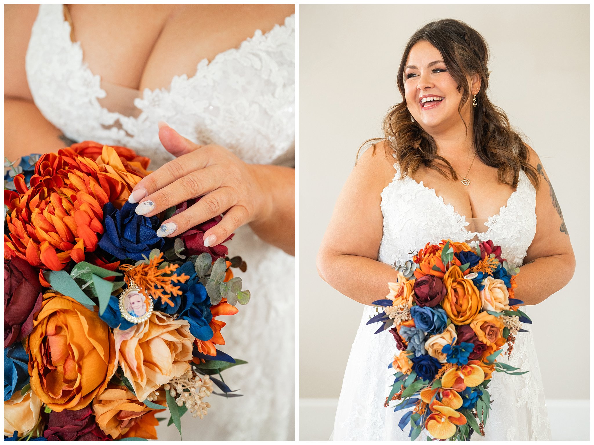 Bridal photos inside Oak Hills bridal suite. Bride holding faux floral orange and blue bouquet | Star Wars Themed Wedding at Oak Hills Utah | Jessie and Dallin Photography