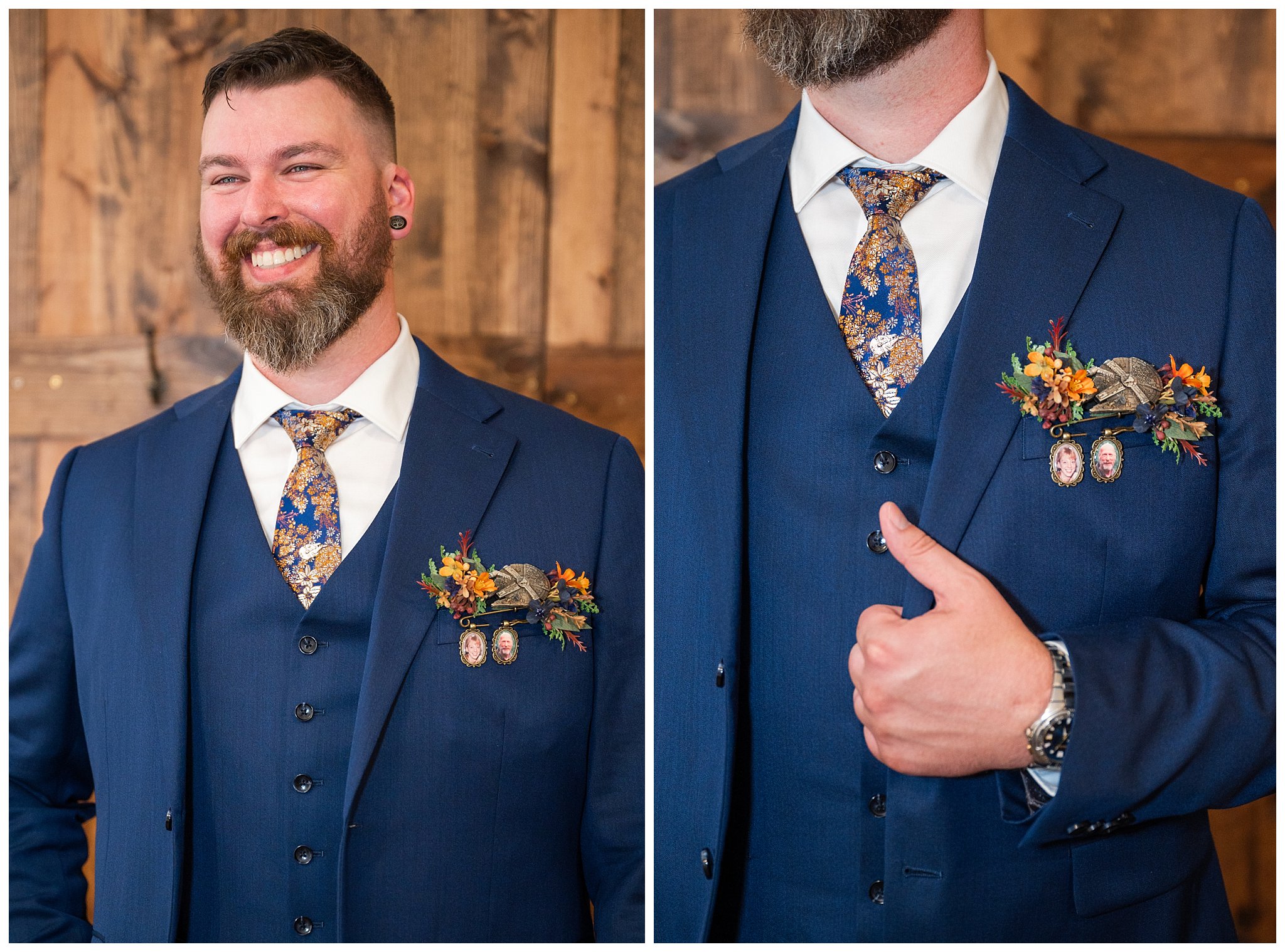 Groom portraits against a wooden wall. He's wearing a blue custom suit and pocket square floral piece with pictures of his parents and a Millennium Falcon | Star Wars Themed Wedding at Oak Hills Utah | Jessie and Dallin Photography