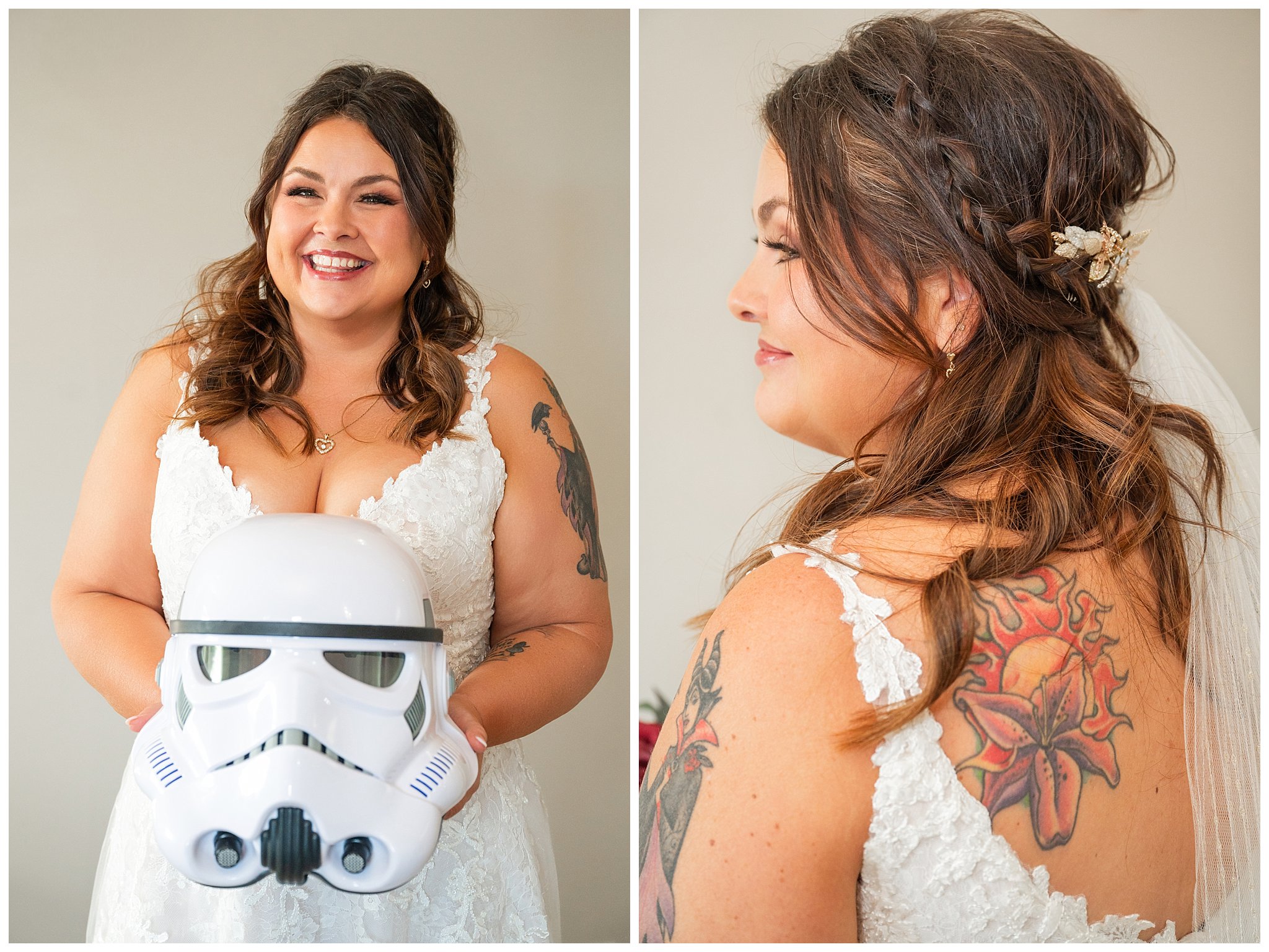 Bridal photos inside Oak Hills bridal suite. Bride holding Stormtrooper helmet | Star Wars Themed Wedding at Oak Hills Utah | Jessie and Dallin Photography