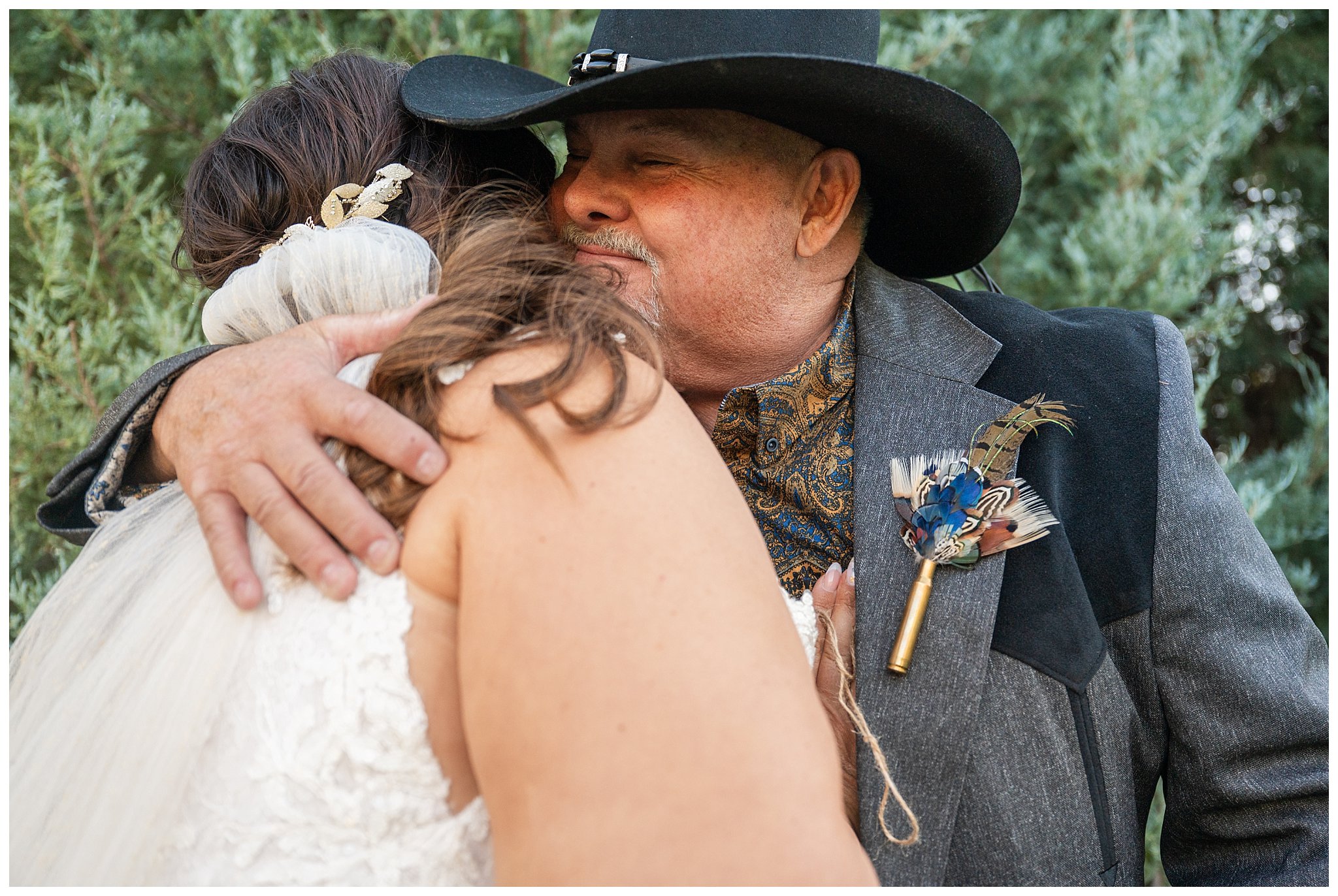 Bride and father share an emotional first look near trees at Oak HIlls | Star Wars Themed Wedding at Oak Hills Utah | Jessie and Dallin Photography