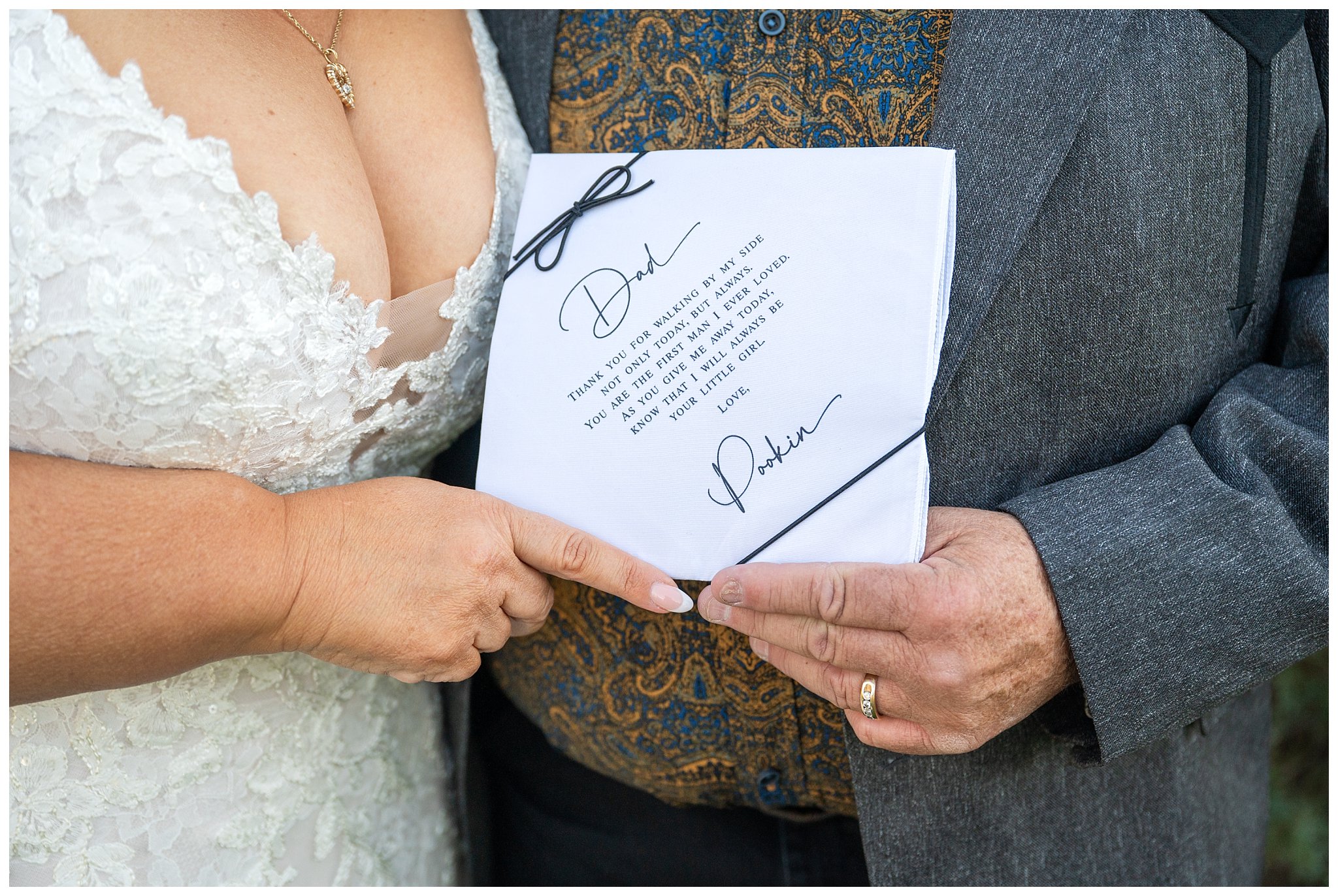 Bride and father share an emotional first look near trees at Oak HIlls. Bride gives her dad a handkerchief with a personal message | Star Wars Themed Wedding at Oak Hills Utah | Jessie and Dallin Photography
