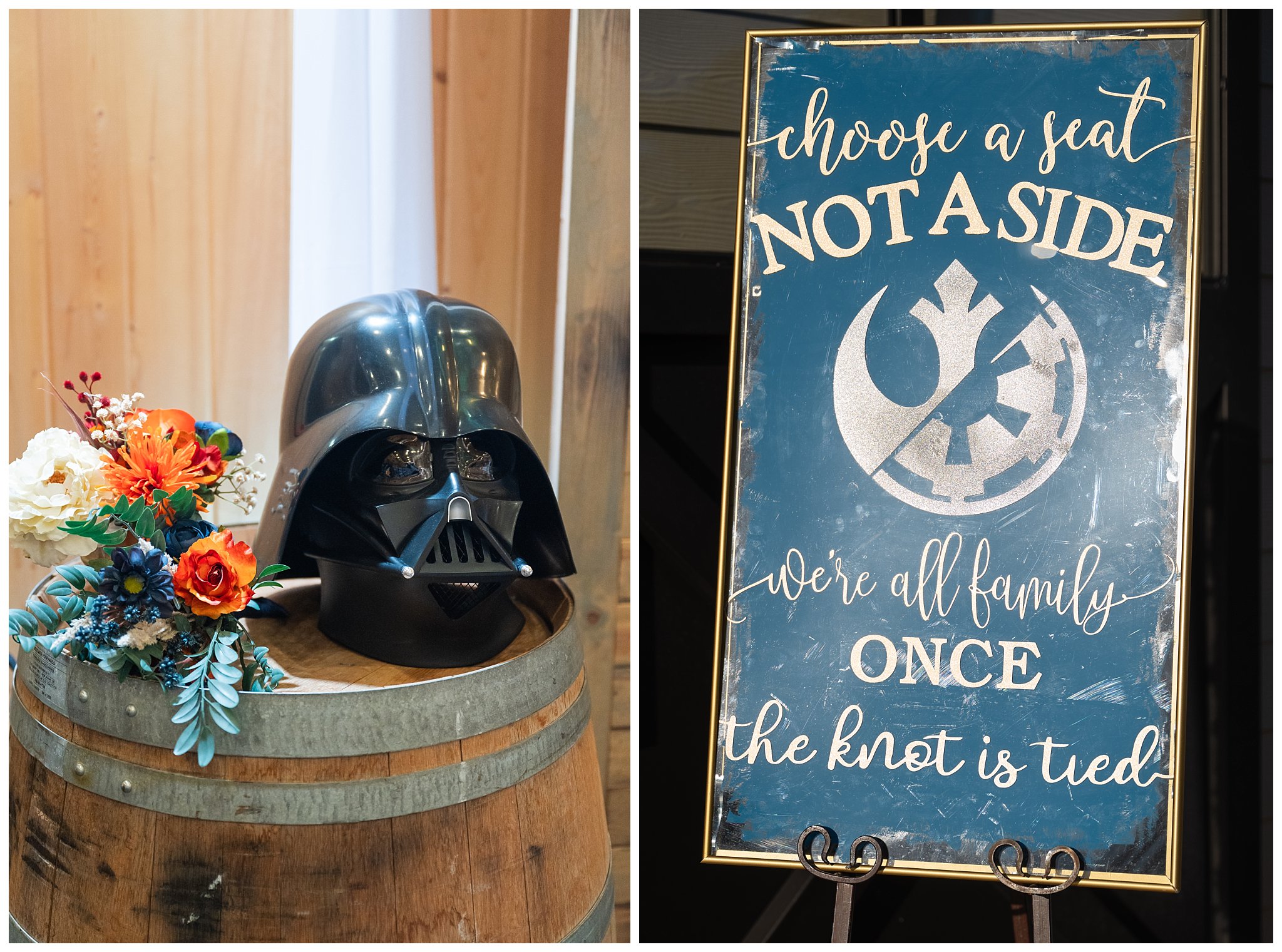 Reception Star Wars details. Darth Vader helmet and Empire and Rebel pick a side wedding sign | Star Wars Themed Wedding at Oak Hills Utah | Jessie and Dallin Photography