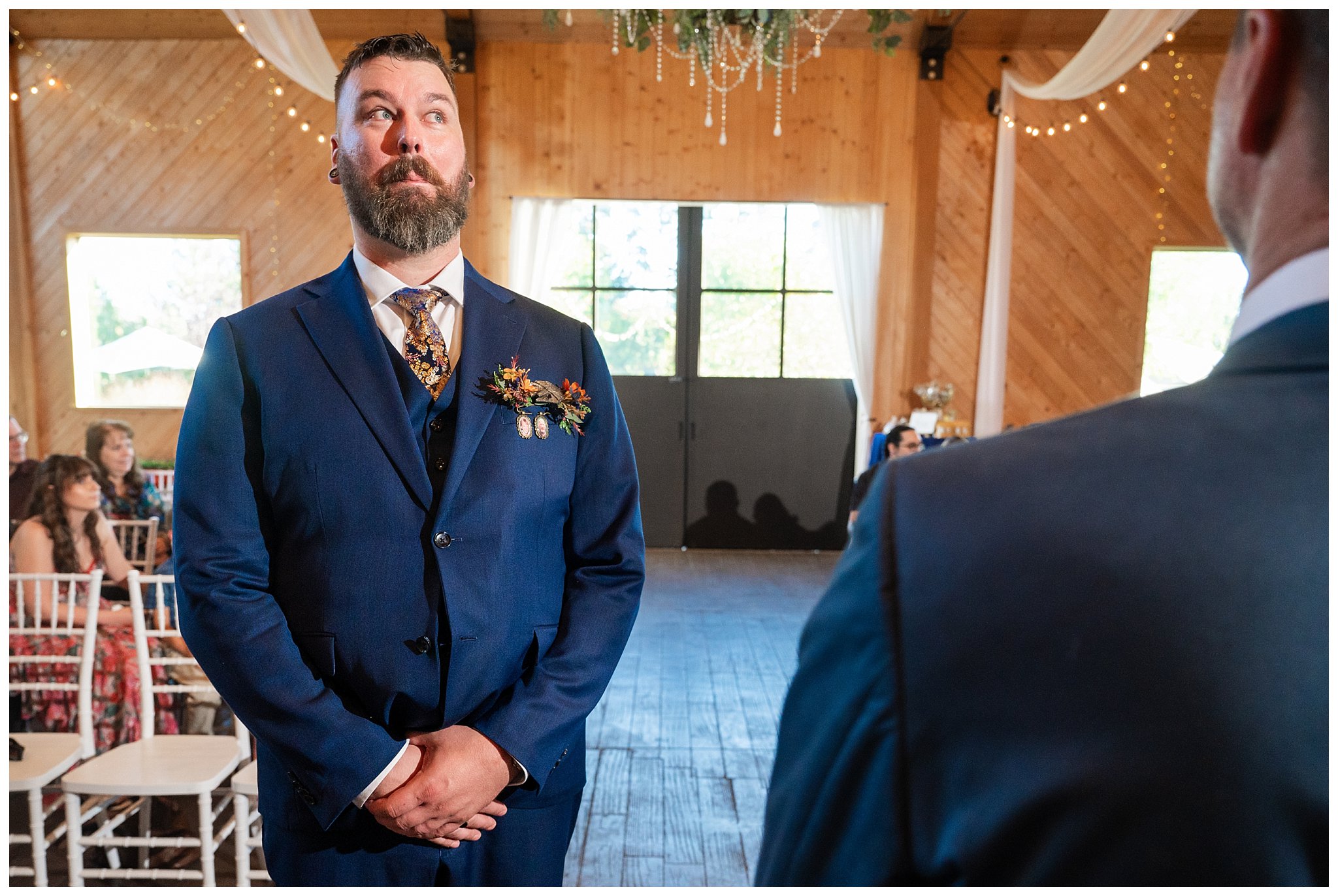 Groom makes a funny face while waiting for bride to walk through the door during ceremony at Oak HIlls | Star Wars Themed Wedding at Oak Hills Utah | Jessie and Dallin Photography