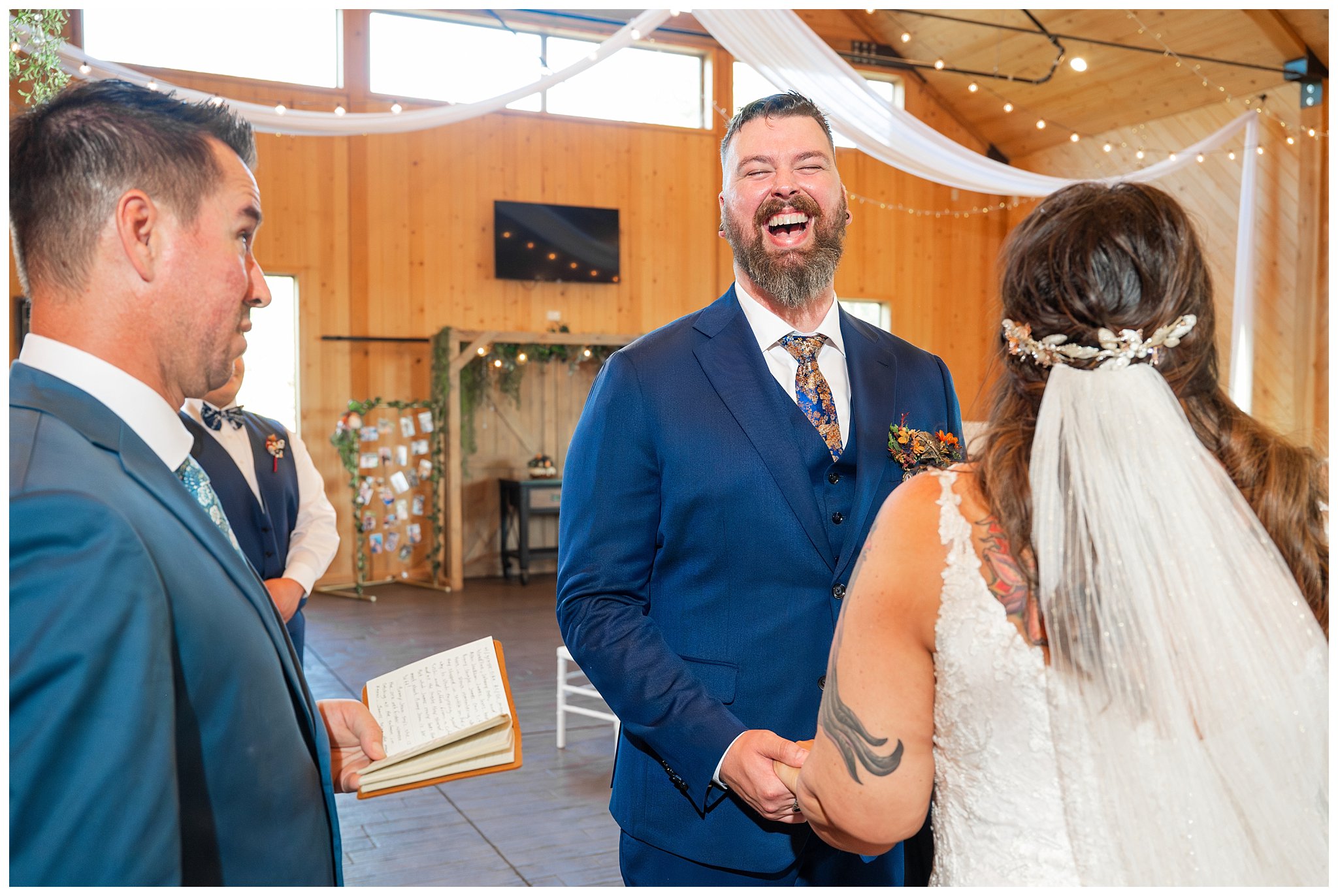 Wedding ceremony moments inside the barn at Oak Hills | Star Wars Themed Wedding at Oak Hills Utah | Jessie and Dallin Photography