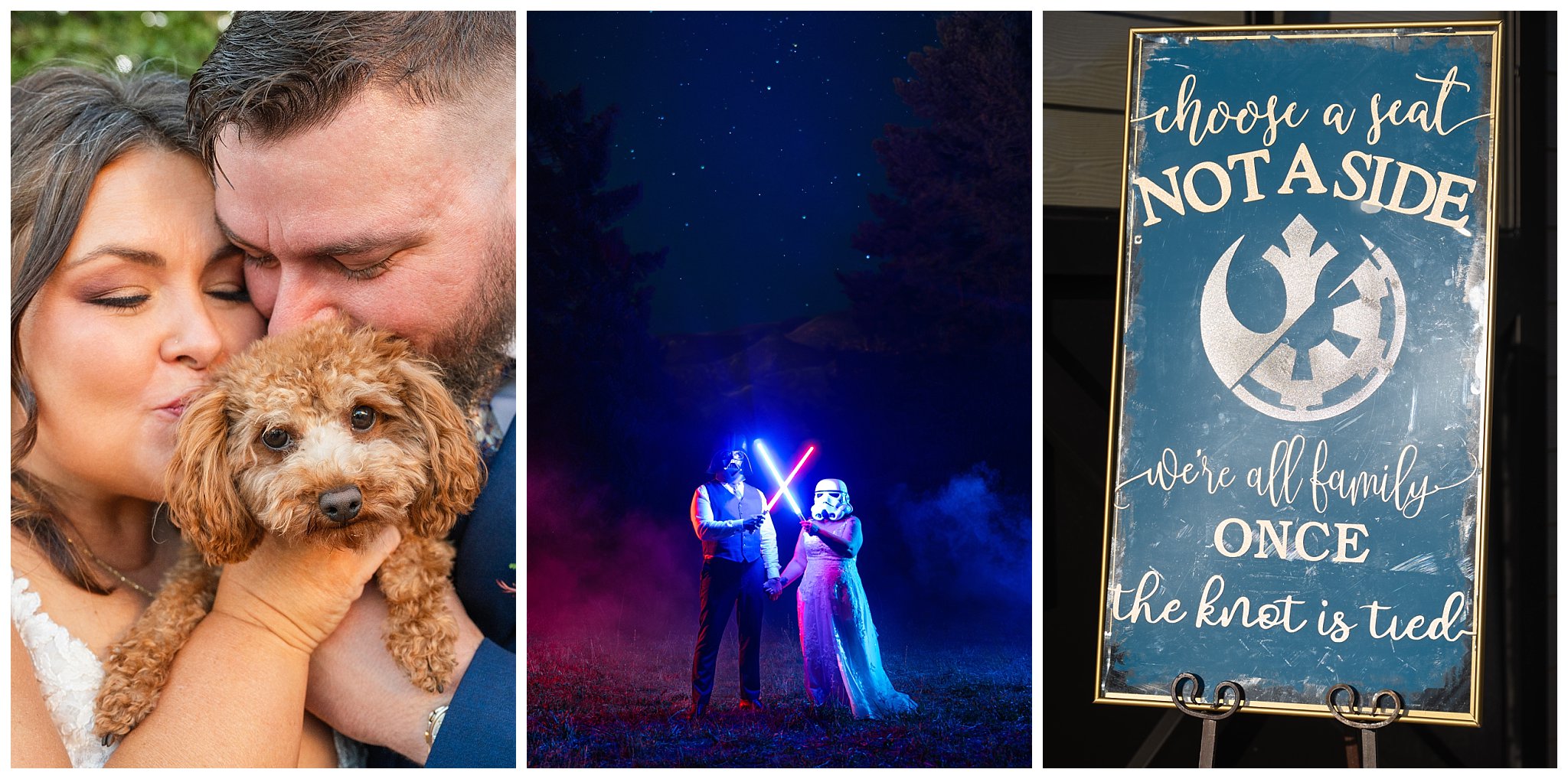 Cover image for Star Wars wedding. Bride and groom wearing Darth Vader and Stormtrooper helmets and holding lightsabers at night under the stars in red and blue smoke | Star Wars Themed Wedding at Oak Hills Utah | Jessie and Dallin Photography