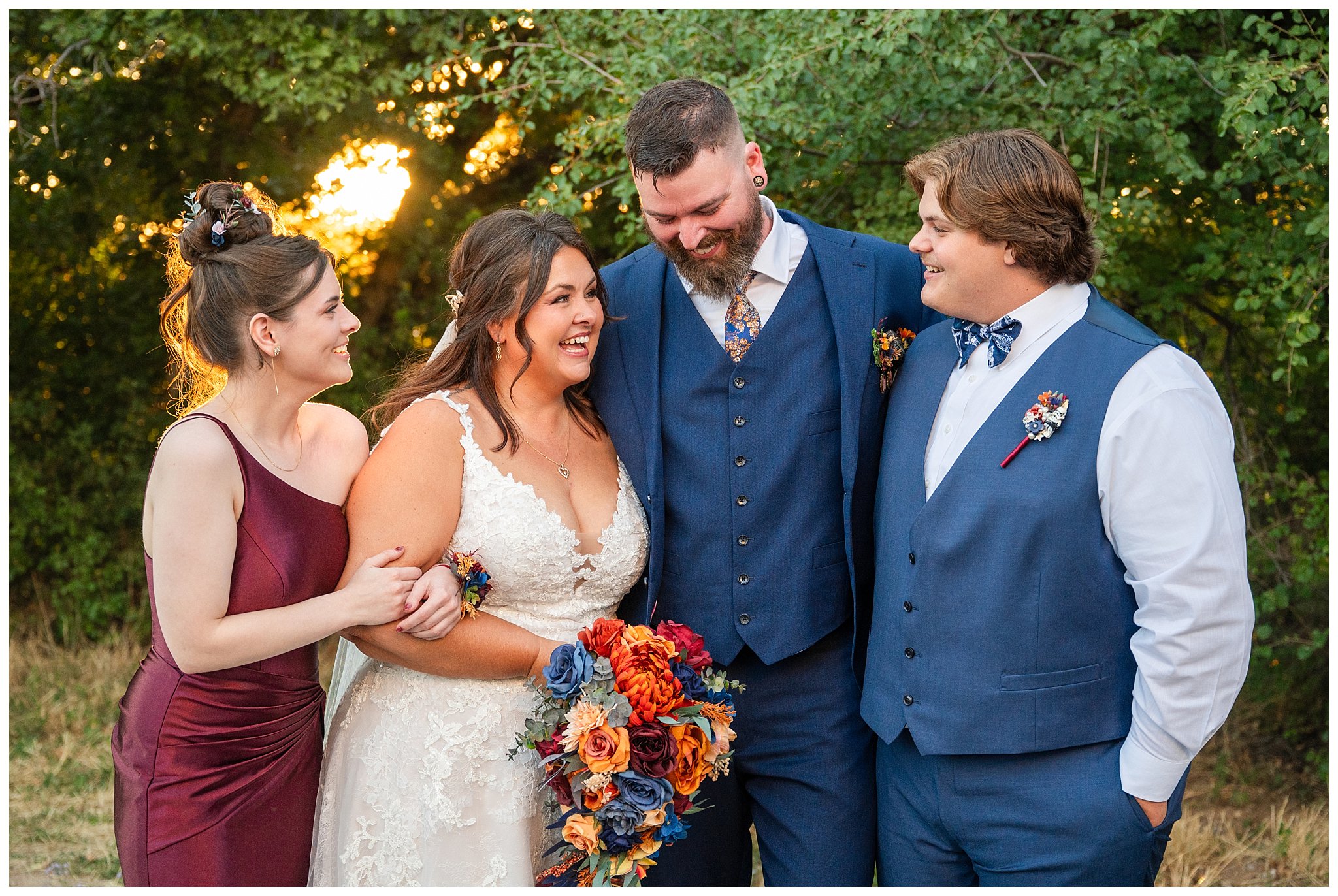 Bride and groom share emotional moments with family during family photos. Bride in lace dress and groom in custom blue suit with Star Wars details | Star Wars Themed Wedding at Oak Hills Utah | Jessie and Dallin Photography