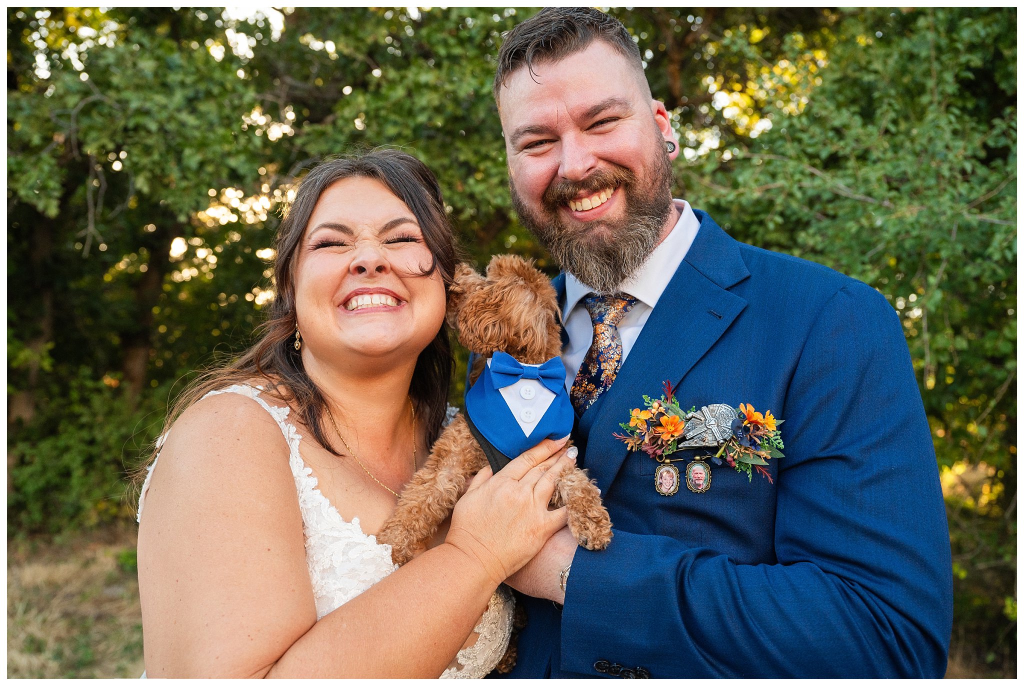 Bride and groom share moments with their dog named Chewie who is wearing a small tux and bowtie. Bride in lace dress and groom in custom blue suit with Star Wars details | Star Wars Themed Wedding at Oak Hills Utah | Jessie and Dallin Photography