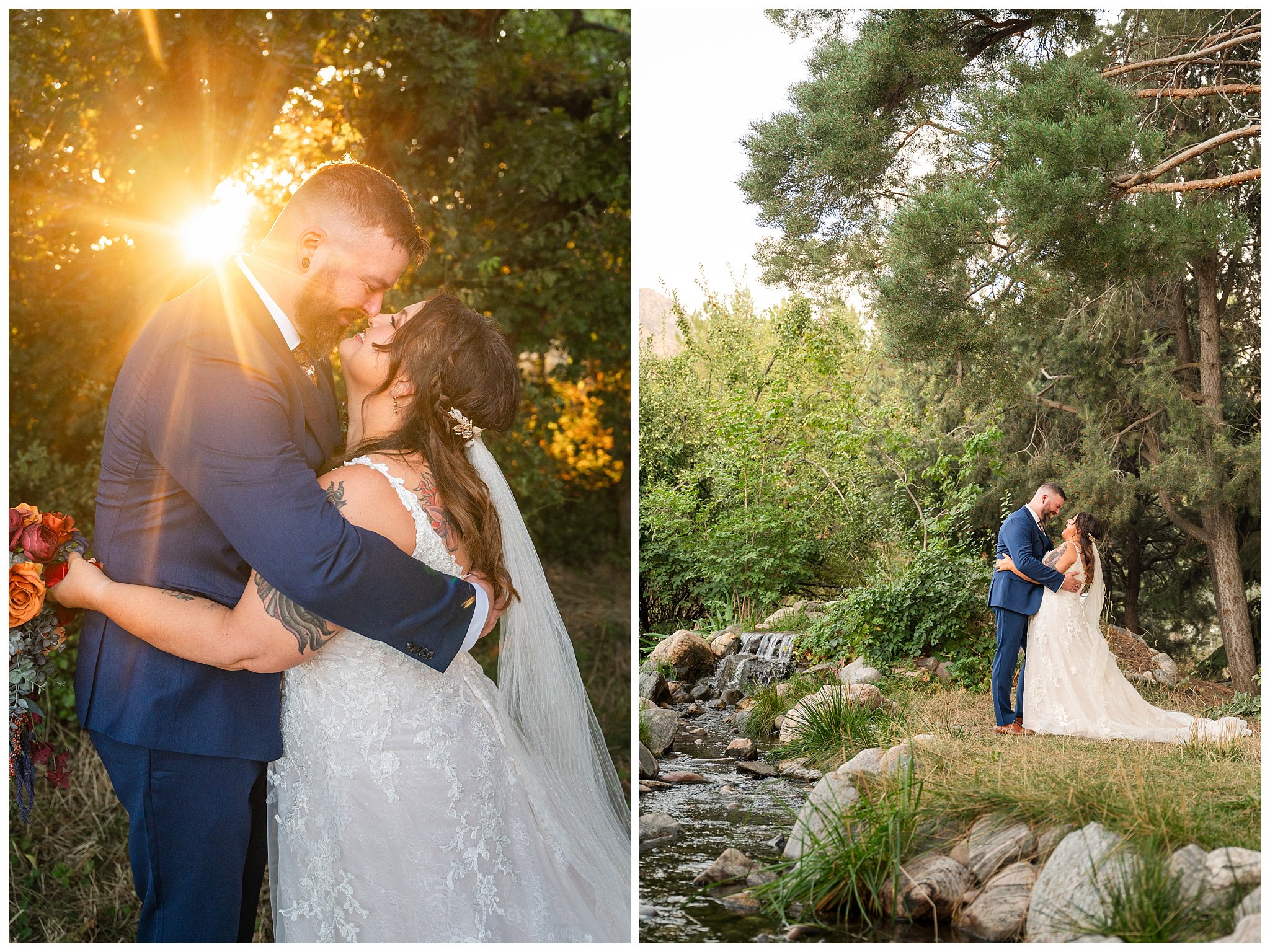 Bride and groom portraits in the trees of Oak HIlls at sunset. Bride in lace dress and groom in custom blue suit with Star Wars details | Star Wars Themed Wedding at Oak Hills Utah | Jessie and Dallin Photography