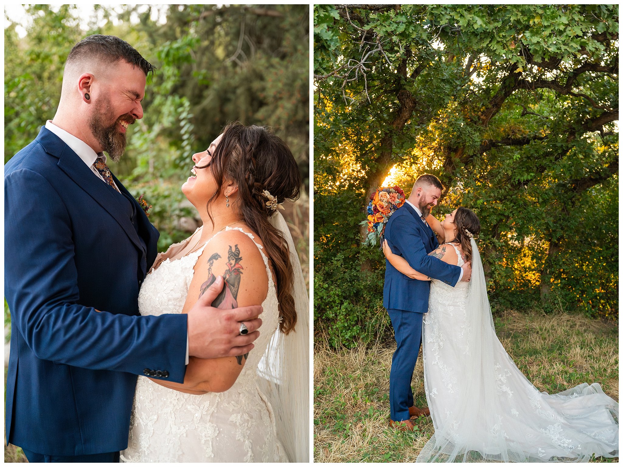Bride and groom portraits in the trees of Oak HIlls at sunset. Bride in lace dress and groom in custom blue suit with Star Wars details | Star Wars Themed Wedding at Oak Hills Utah | Jessie and Dallin Photography