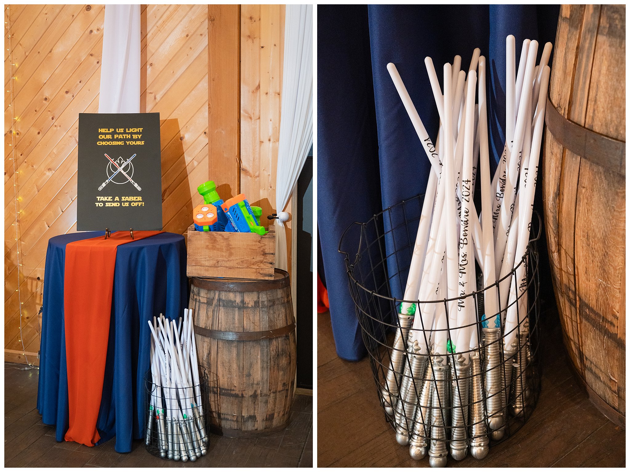 Reception Star Wars details. Lightsabers for send off | Star Wars Themed Wedding at Oak Hills Utah | Jessie and Dallin Photography