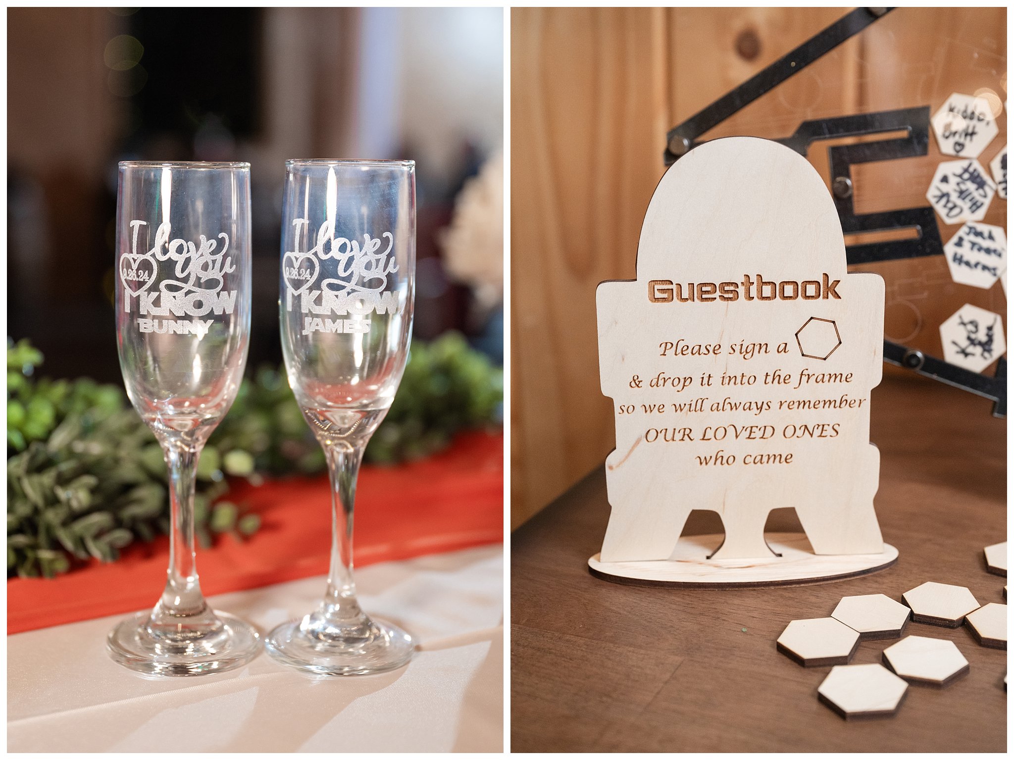 Reception Star Wars details. R2D2 guest book instructions, and Star Wars engraved glasses with Han Solo and Princess Leia quotes | Star Wars Themed Wedding at Oak Hills Utah | Jessie and Dallin Photography