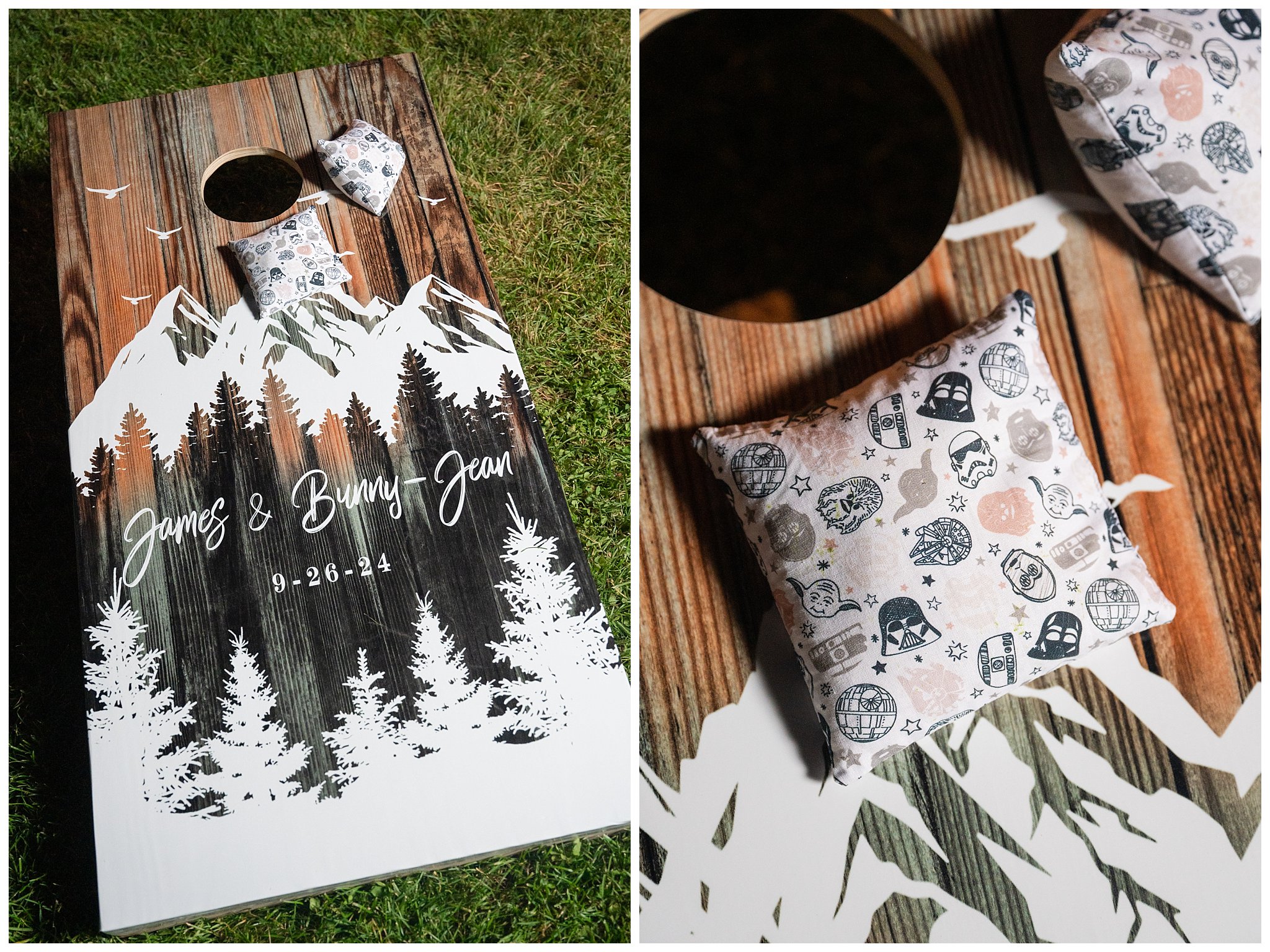Reception Star Wars details. Custom mountain and Star Wars themed corn hole boards and Star Wars bean bags to throw | Star Wars Themed Wedding at Oak Hills Utah | Jessie and Dallin Photography
