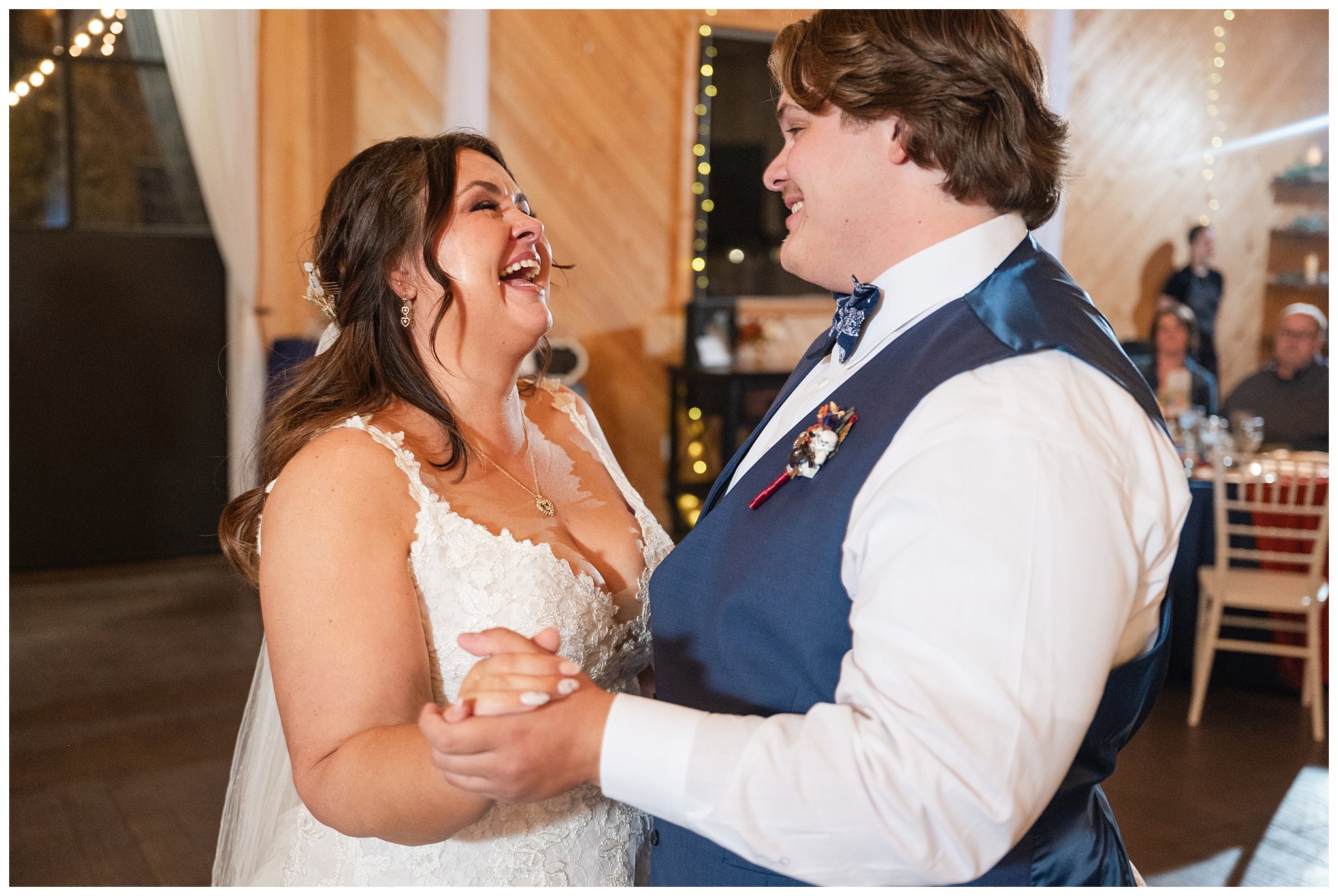 Bride shares a first dance with her son in the barn at Oak Hills | Star Wars Themed Wedding at Oak Hills Utah | Jessie and Dallin Photography