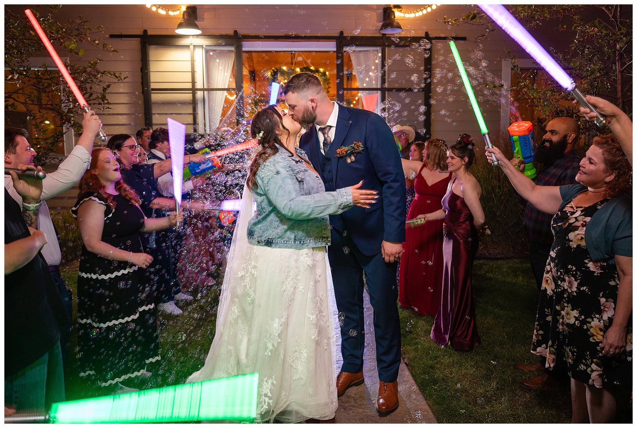 Lightsaber and bubble sendoff outside the barn at Oak Hills for the bride and groom | Star Wars Themed Wedding at Oak Hills Utah | Jessie and Dallin Photography