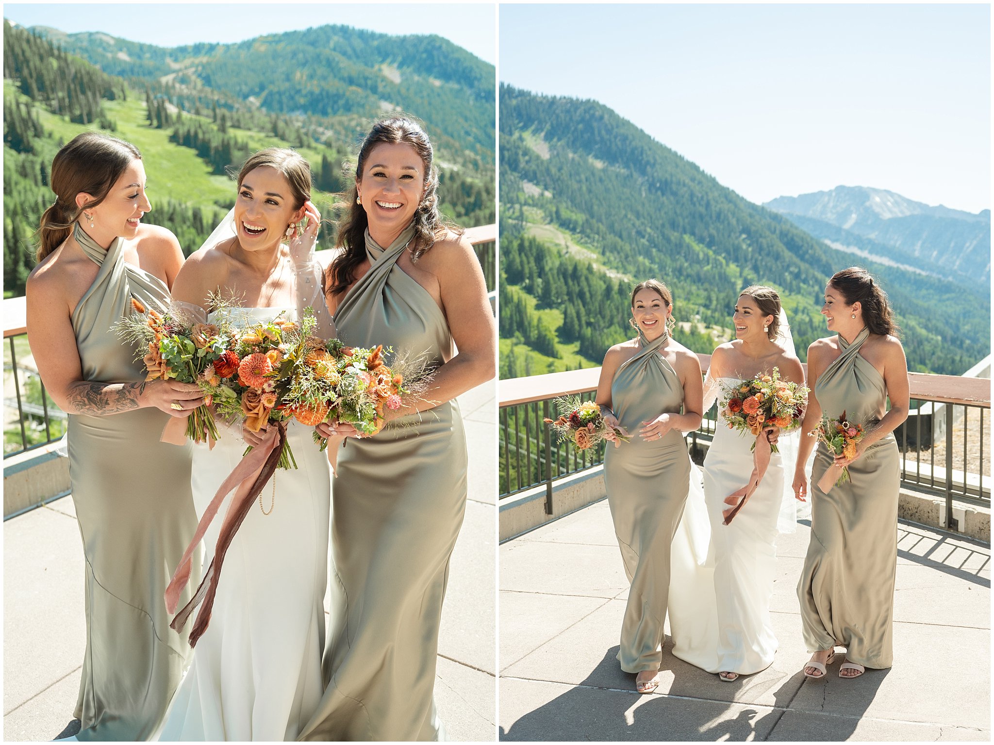 Bride and bridesmaids share moments on the rooftop of The Cliff Lodge. Bridesmaids in sage green dresses, bride in a strapless dress with gloves and veil | Snowbird Summit Summer Wedding | Jessie and Dallin Photography